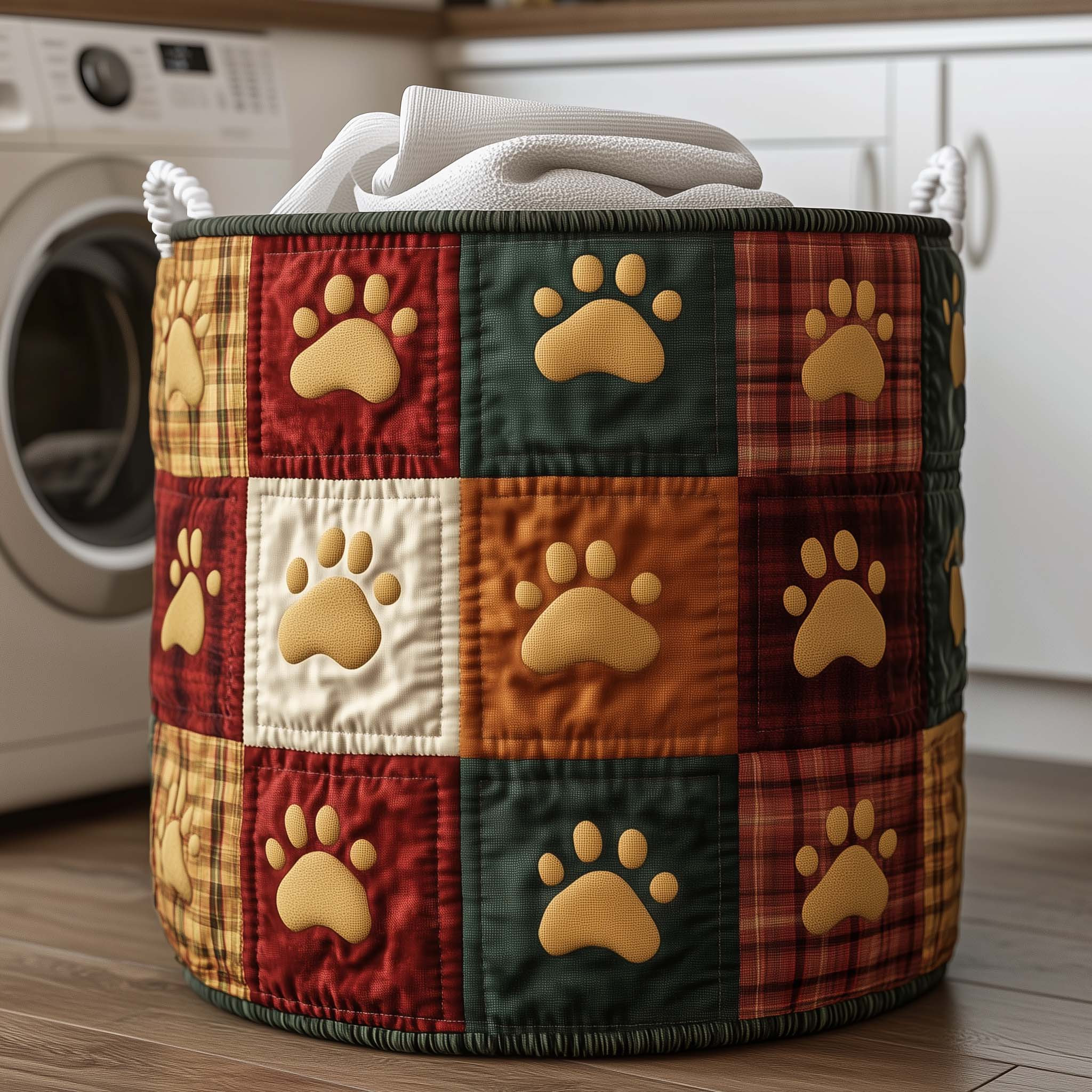 Paws Patchwork Quilted Laundry Basket Pet Themed Cute Home Decor Pet Owner Gifts