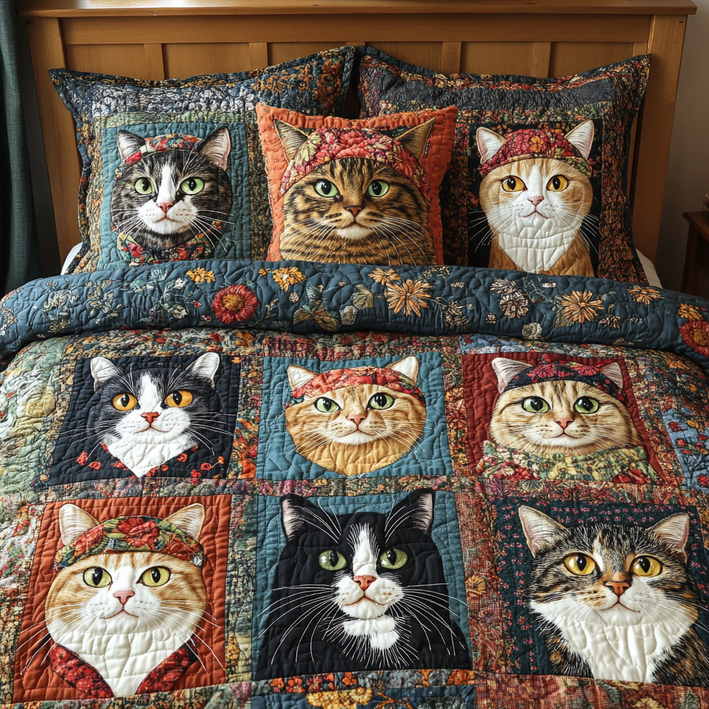 Paws Whimsy Quilted Bedding Set Cute Room Decor Xmas Gifts For Cat Lovers