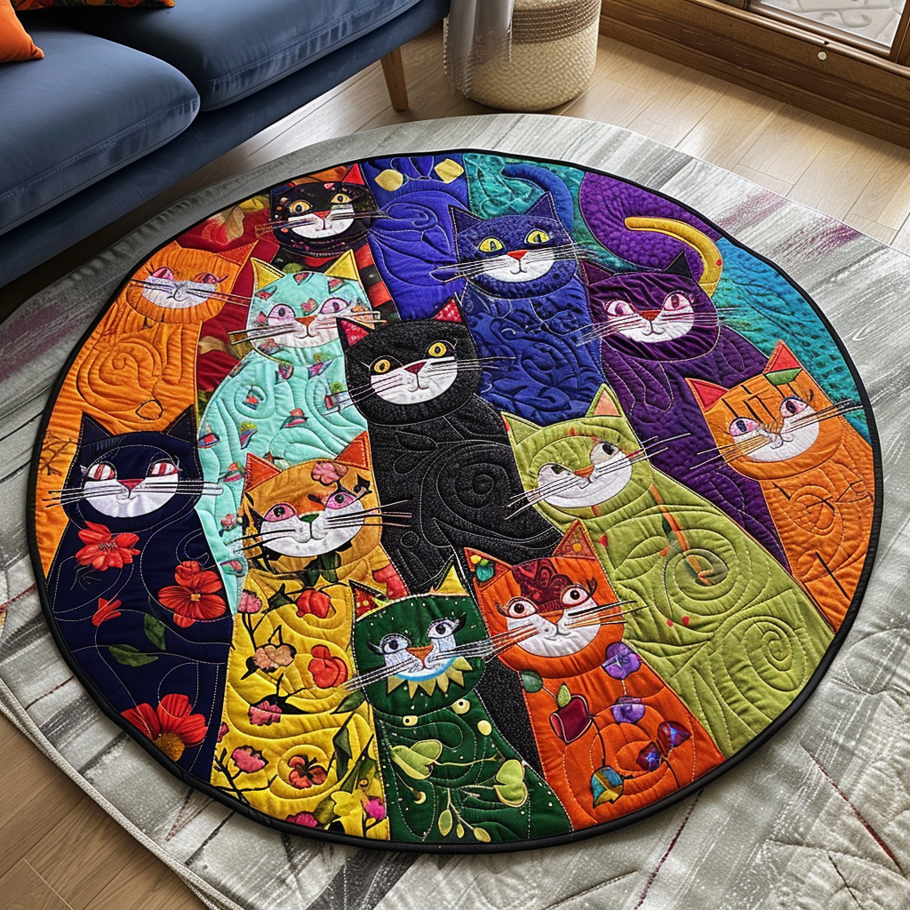 Paws Whimsy Quilted Round Mat Outdoor Entryway Decor Cool Gifts For Cat Lovers