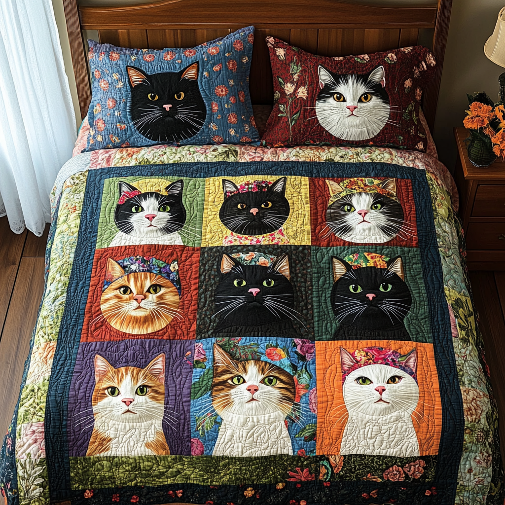 Pawsitive Vibes Quilted Bedding Set Unique Bed Sheet Set Christmas Presents For Cat Lovers