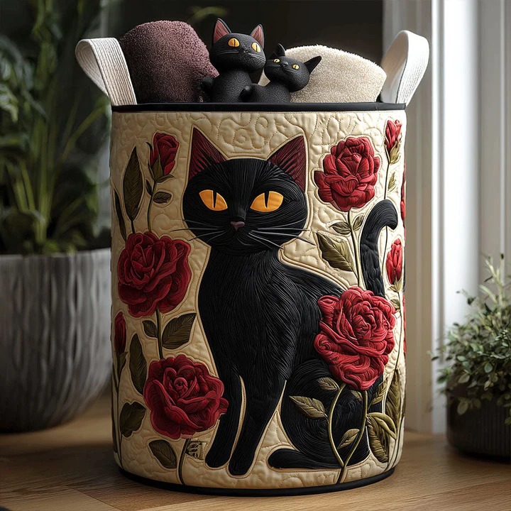 Pawtrait In Bloom Quilted Laundry Basket Floral Cat Portrait Boho Home Decor Gift For Cat Lovers