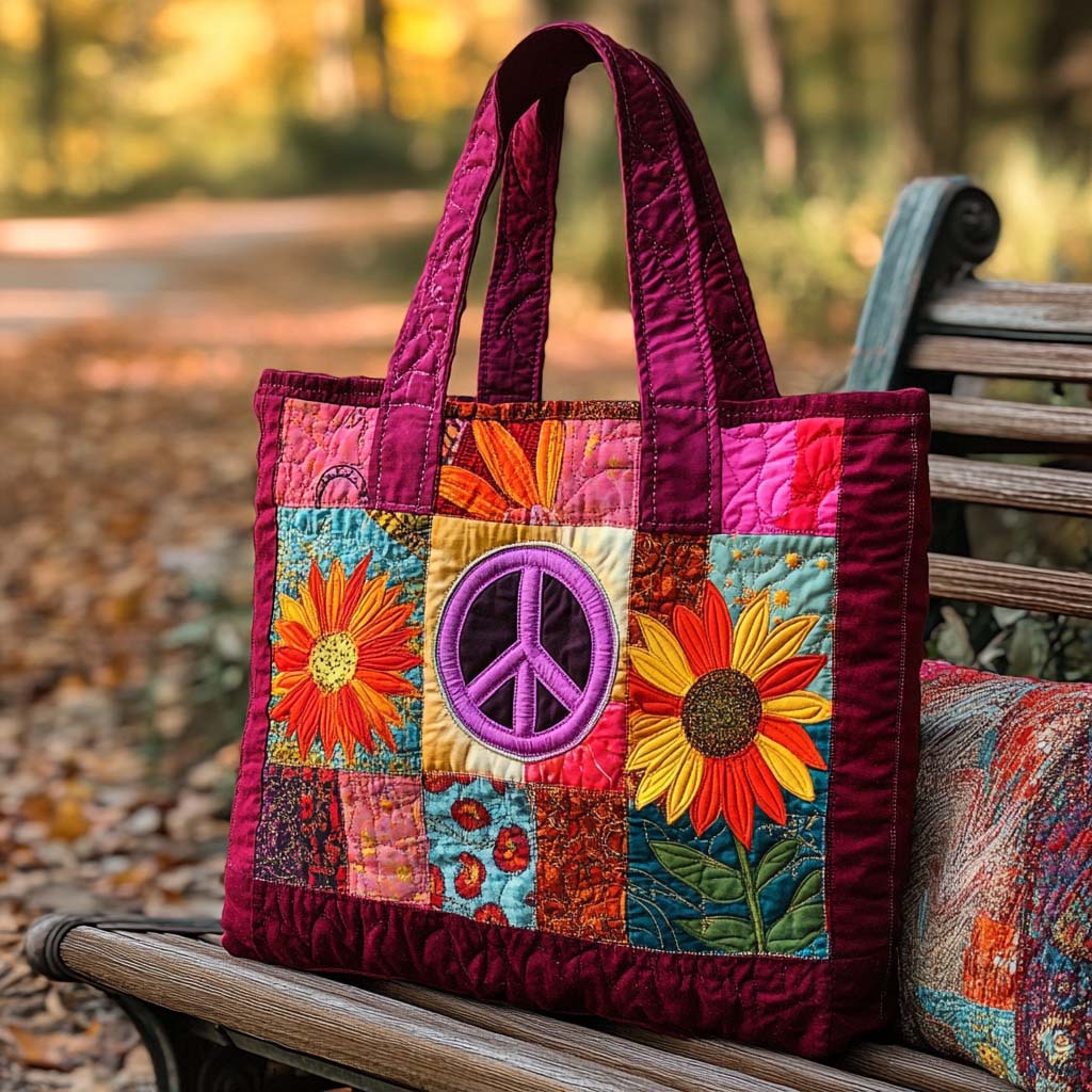 Peace And Blooms Quilted Tote Bag Gifts For Your Hippie Friend