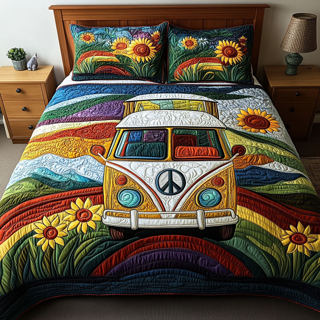 Peace and Wheels Quilted Bedding Set Bed Decorations Best Christmas Gifts For Hippies