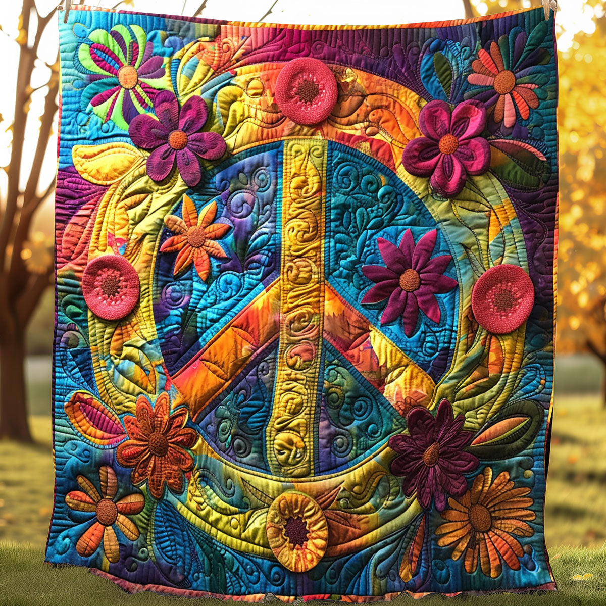 Peace Blossom Hippie Quilt Blanket Christmas Blanket Best Gifts For Hippie Mom