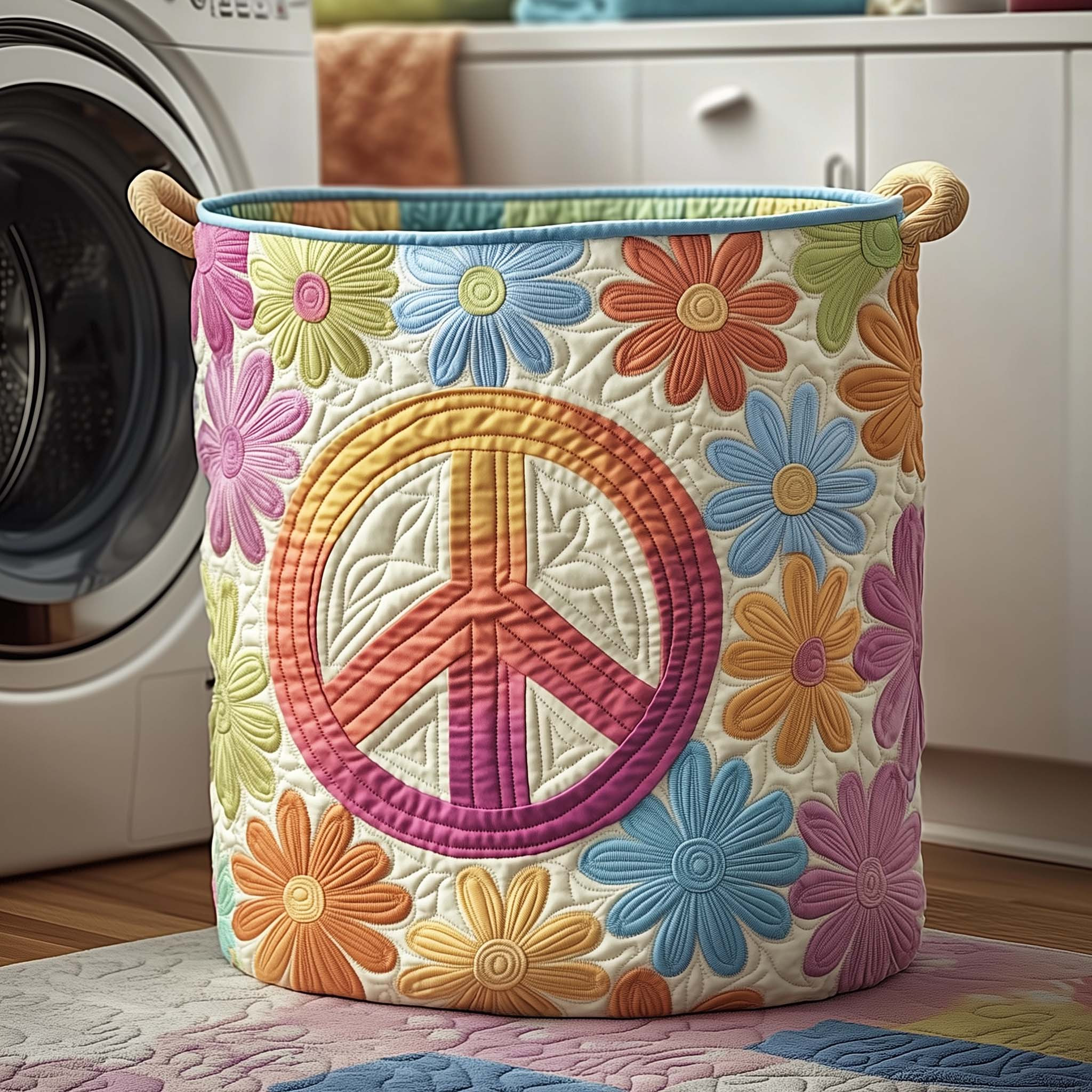 Peace Blossom Quilted Laundry Basket Hippie Home Decor Gifts For Nana