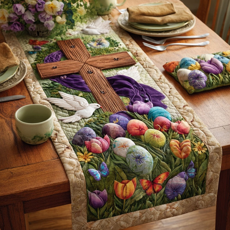 Peace Cross Quilted Table Runner Religious Easter Table Decor Gift For Christians