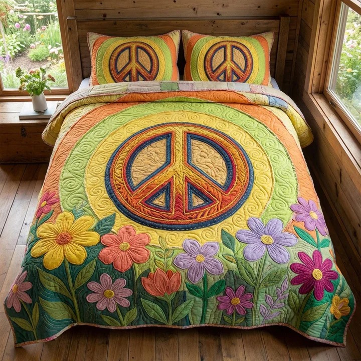 Peace Garden Quilted Bedding Set Boho Floral Bedroom Decor Cozy Gift For Hippie Lovers