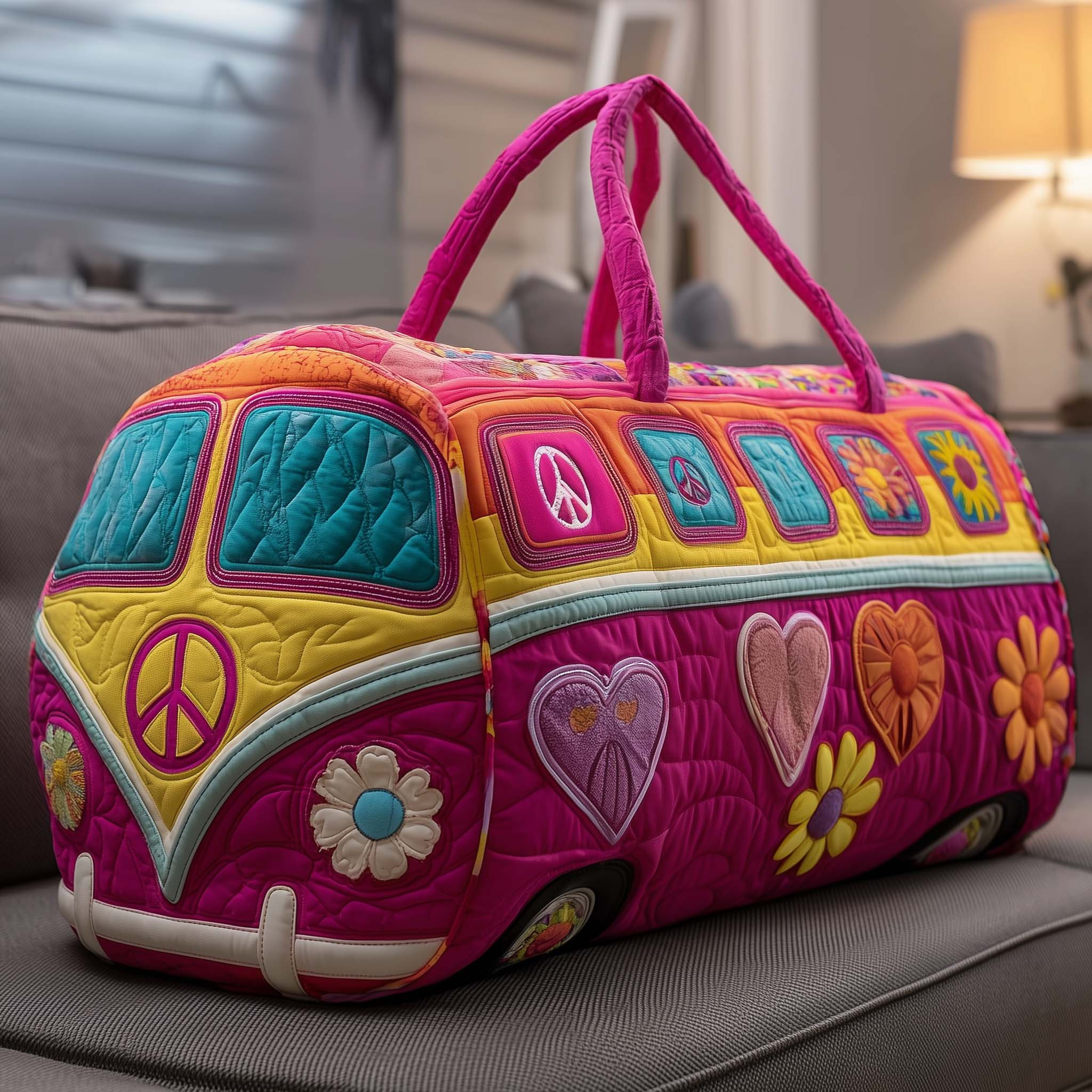 Peace Heart Hippie Van Quilted Duffle Bag Pink Daisy Love Boho Best Gift For Her