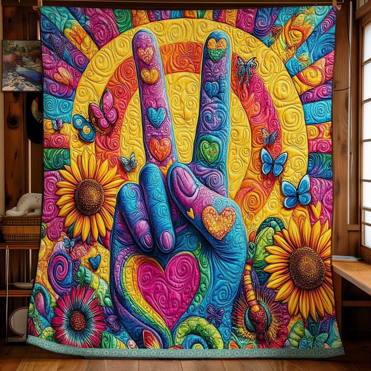 Peace Hippie Quilt Blanket Christmas Blanket Best Gifts For Hippie Friends