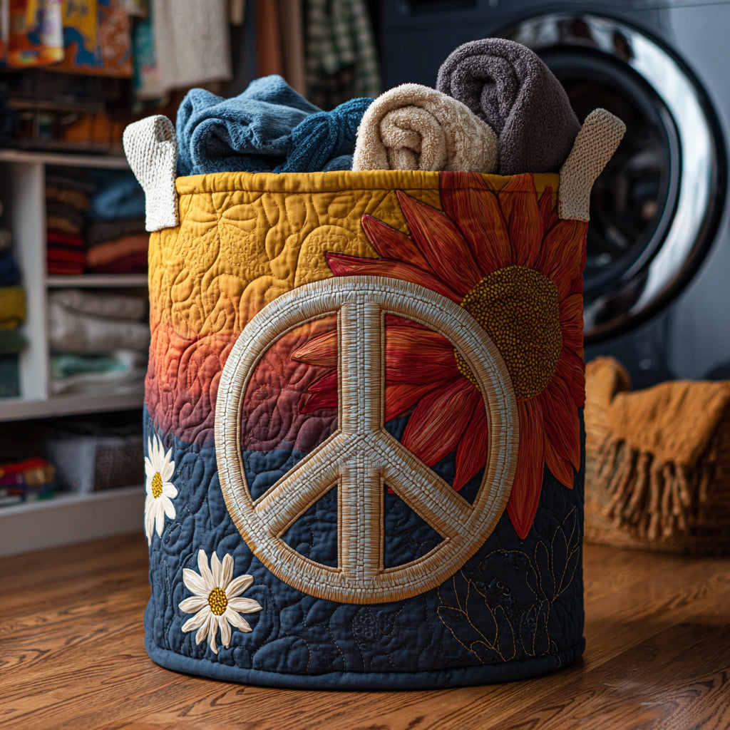 Peace Hippie Quilted Laundry Basket Trendy Quilted Laundry Hamper Gift for Modern Living