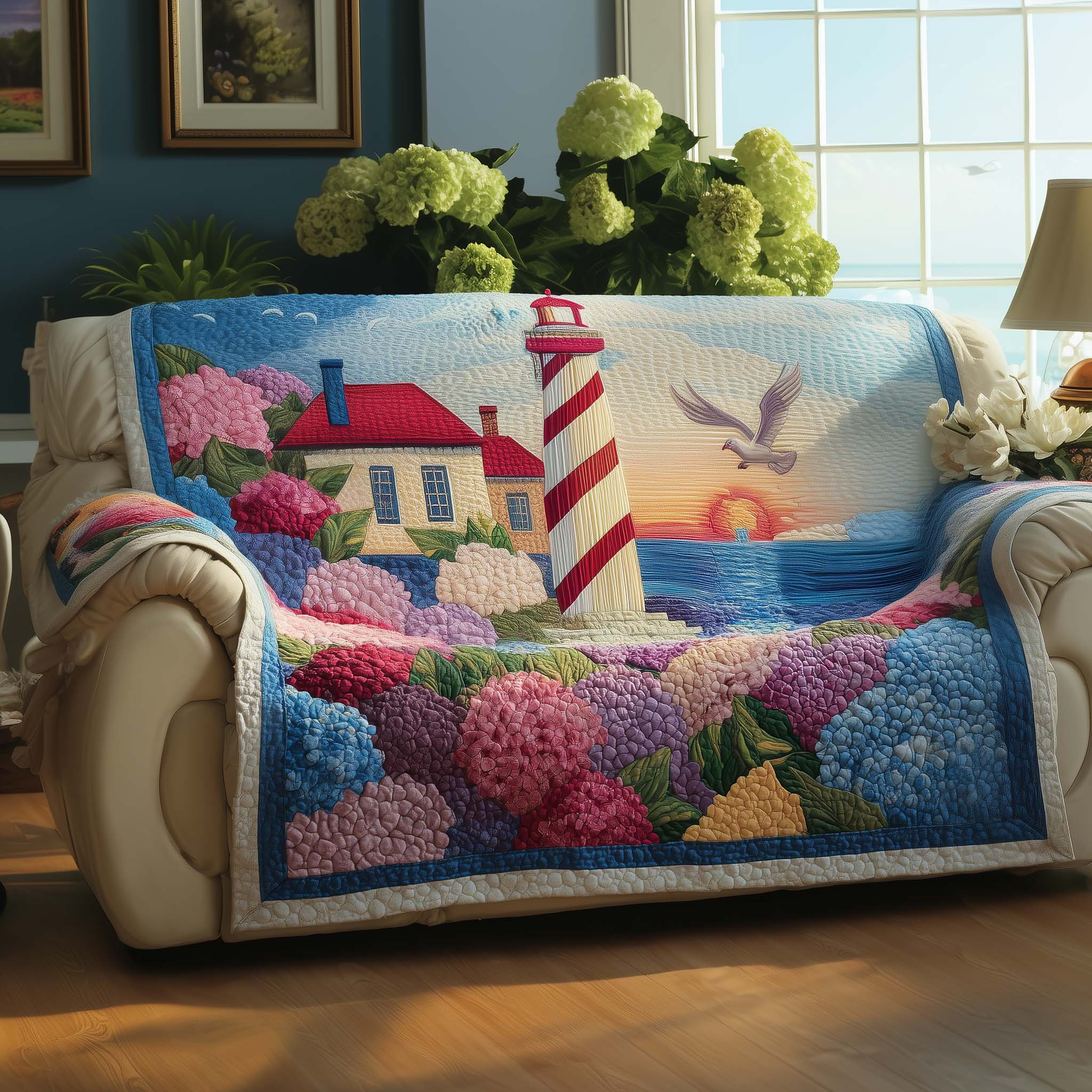 Peace Light Quilted Sofa Cover Serene Dove and Light Motif Unique Lighthouse Gifts