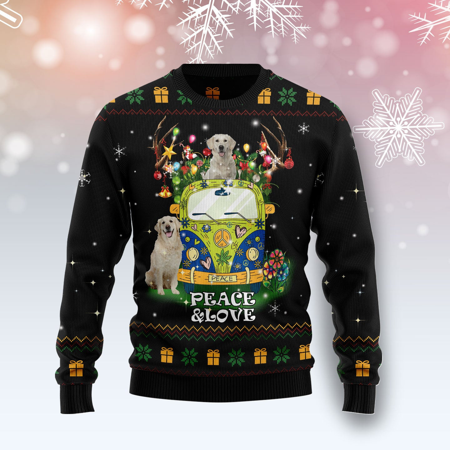 Peace Love Golden Retriever  Ugly Christmas Sweater