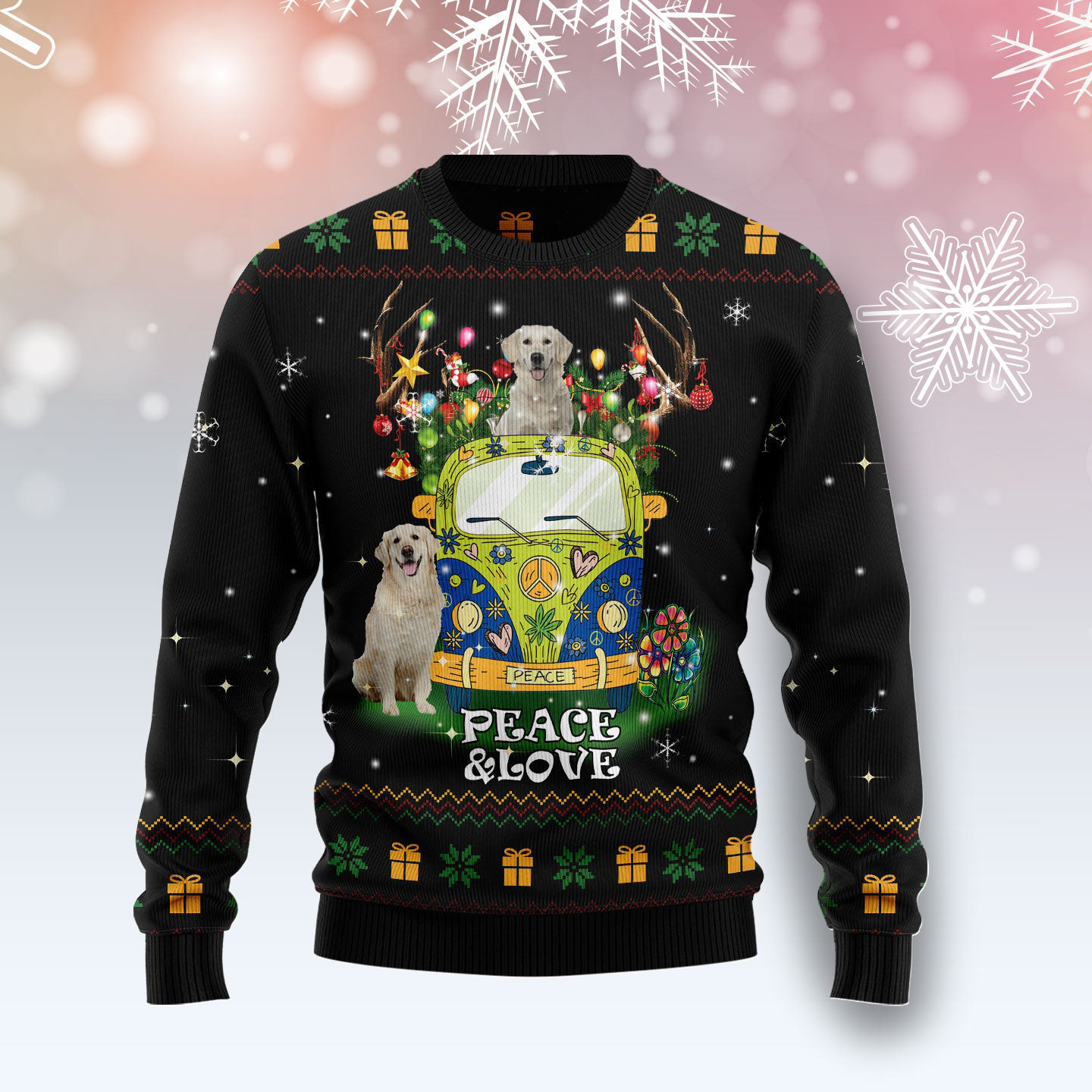 Peace Love Golden Retriever Ugly Christmas Sweater Funny Animal Sweater Best Christmas Gifts