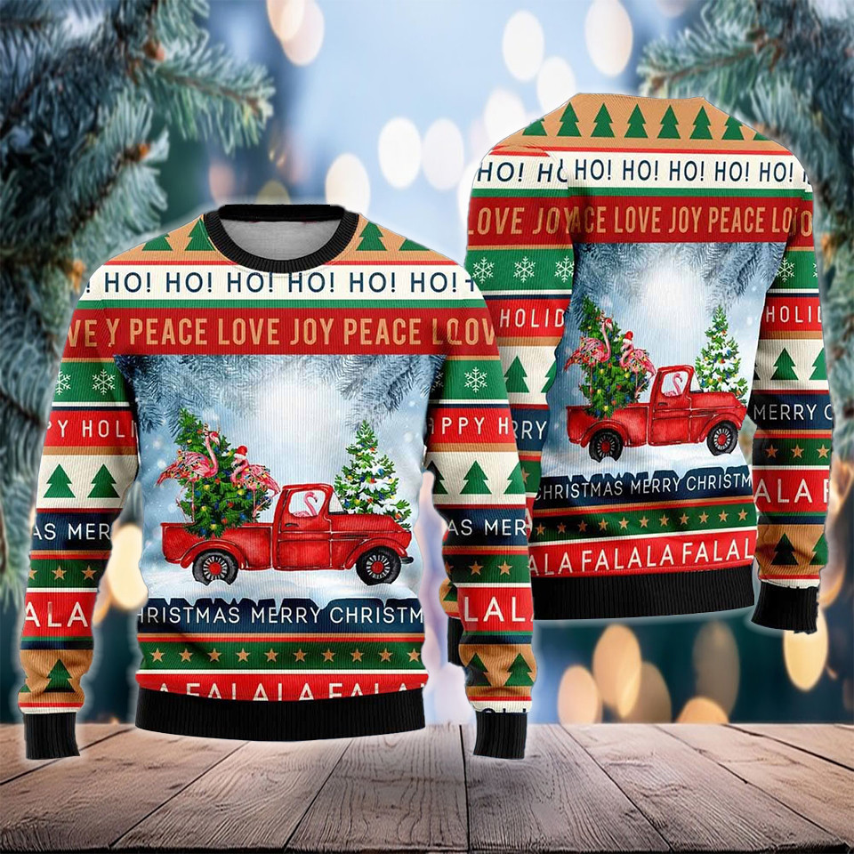 Peace Love Joy Flamingo With Red Truck Christmas Ugly Sweater Ho Ho Ho Funny Xmas Sweater