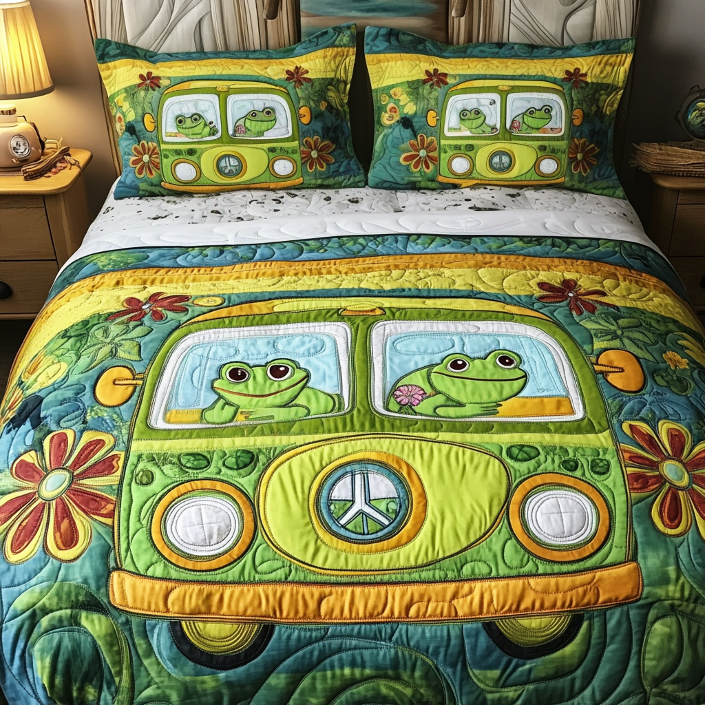 Peace Ride Quilted Bedding Set Cool Bedroom Decor Cute Frog Gifts