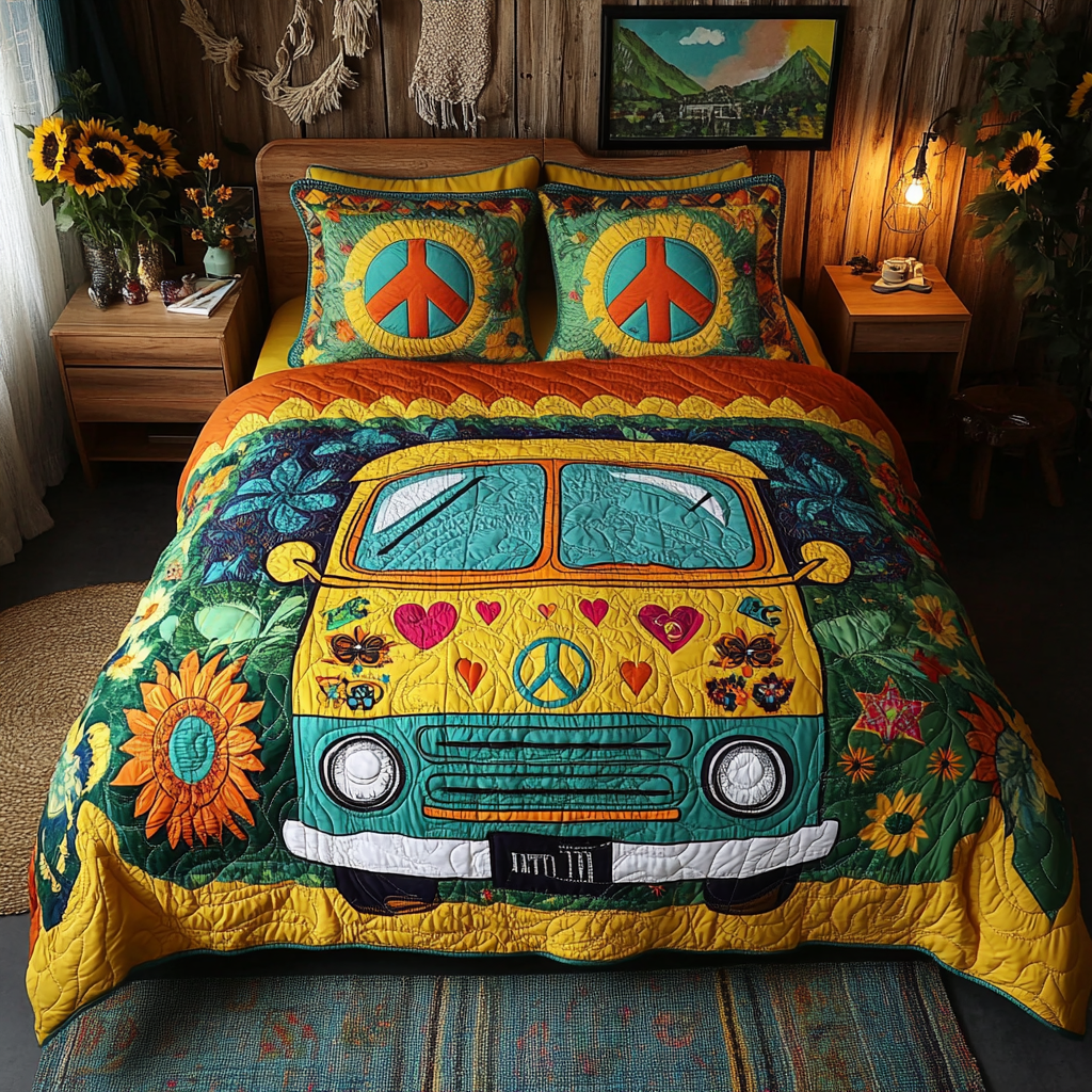 Peace Rider Quilted Bedding Set Bed Decor Gifts For Aging Hippies