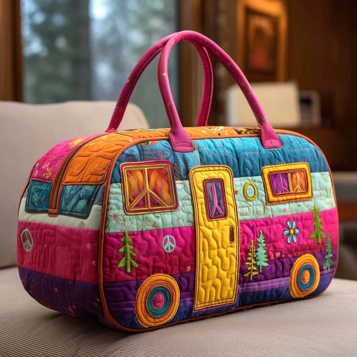 Peace Sign Camper Van Quilted Duffle Bag Hippie Travel Bag Best Gift For Camping Lovers