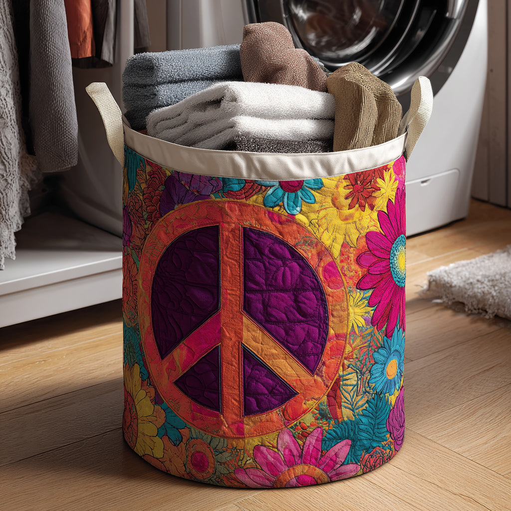 Peace Sign Earth Tone Quilted Laundry Basket Premium Quilted Laundry Basket with Sturdy Handles