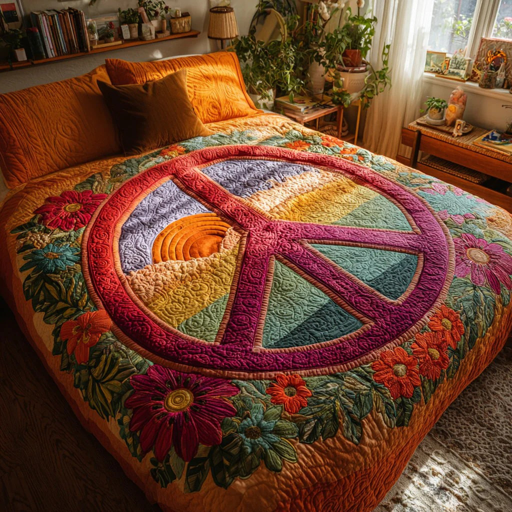 Peace Sign Hippie 3-Piece Quilted Bedding Set Boho Rainbow Floral Bedspread Best Gift Ideas