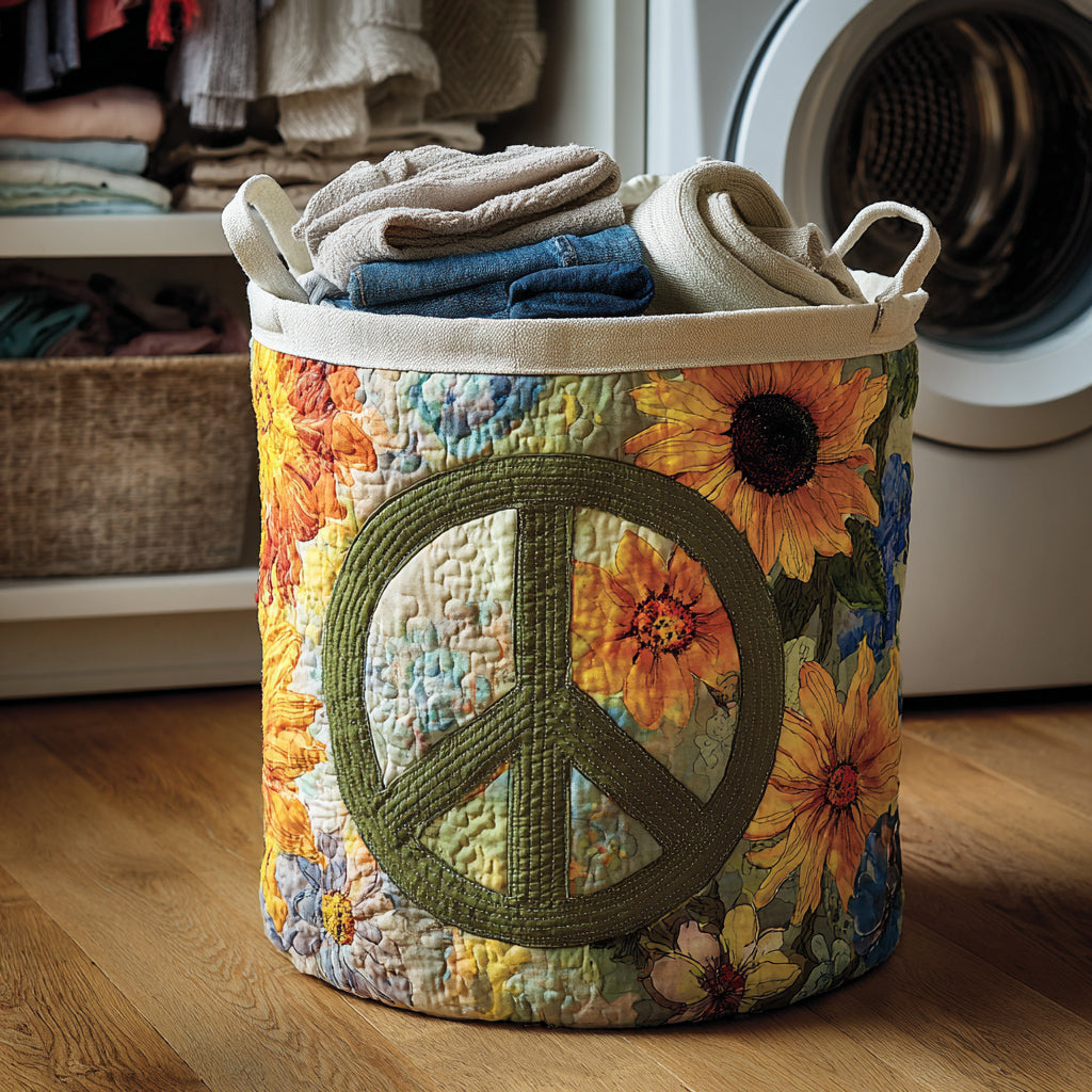 Peace Sign Meadow Bloom Quilted Laundry Basket Cozy Quilted Laundry Basket Gift for New Homeowners