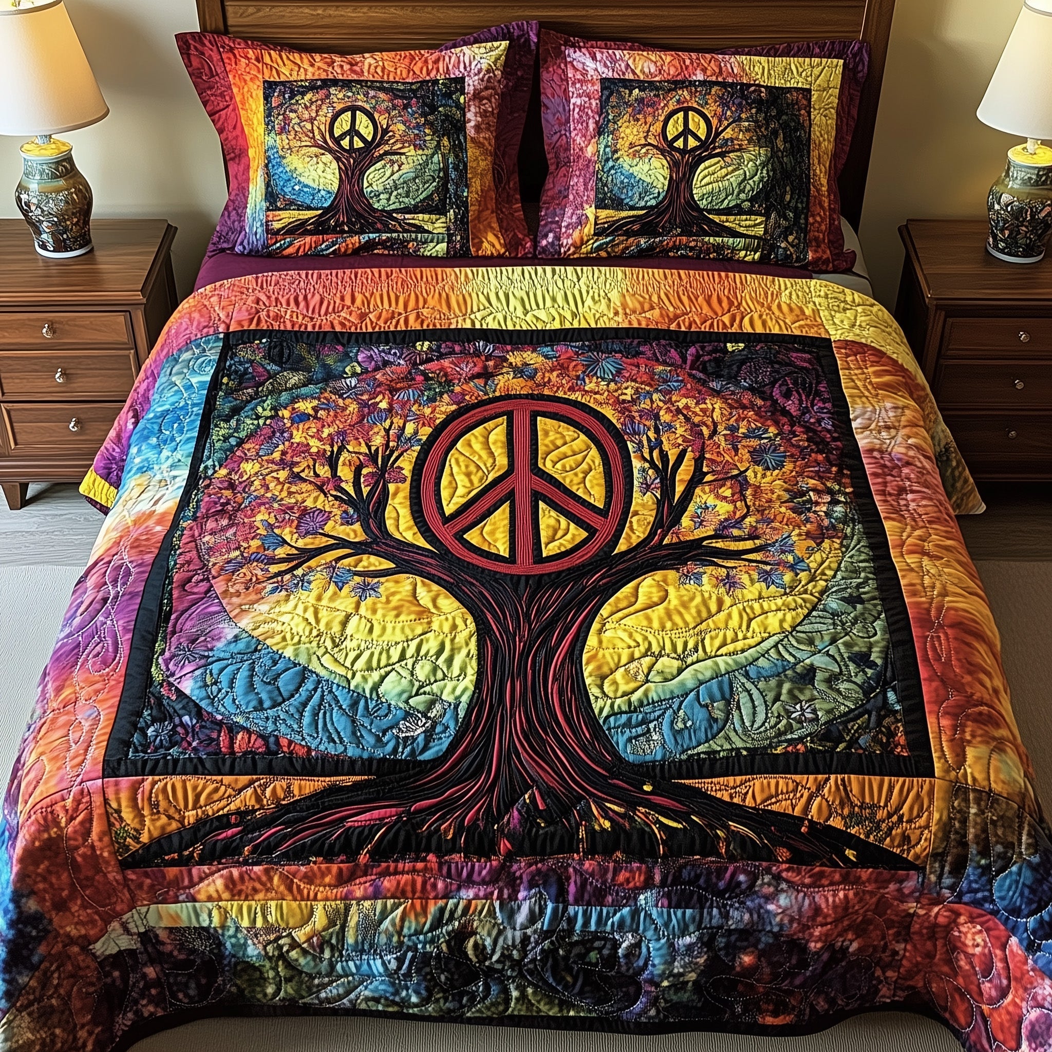 Peace Sign Quilted Bedding Set Anniversary Gift