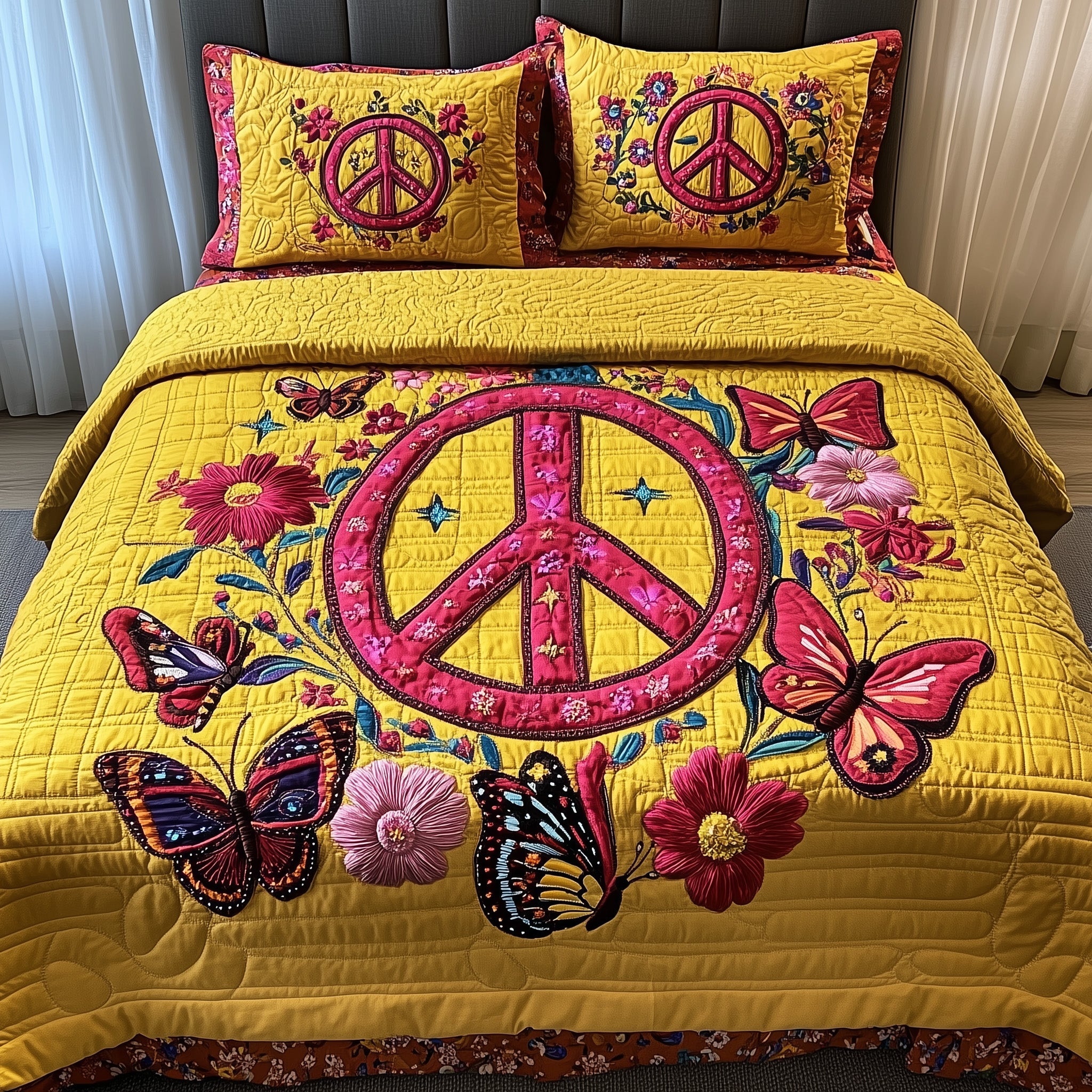 Peace Sign Quilted Bedding Set Durable And Long-lasting