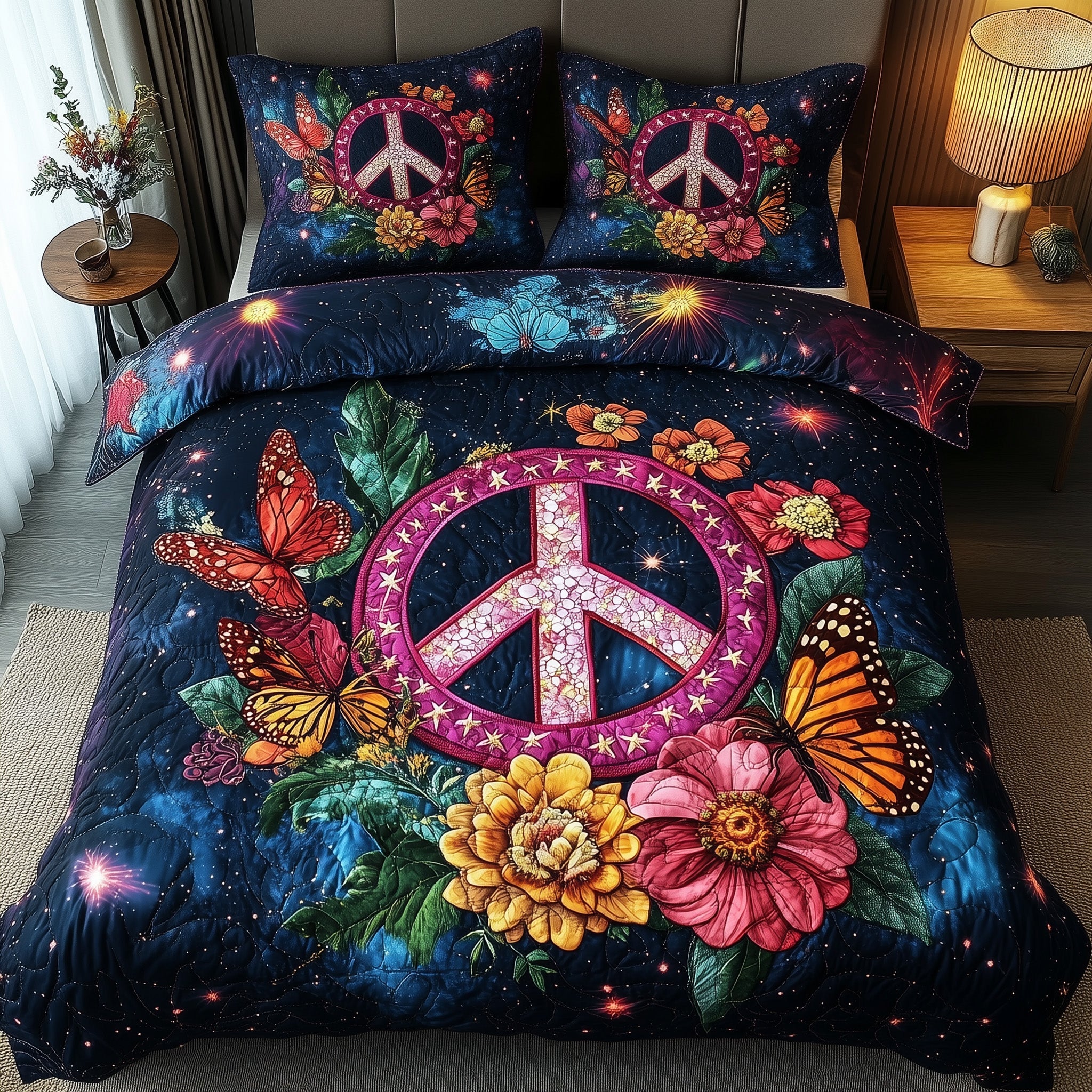 Peace Sign Quilted Bedding Set Duvet Cover Bedspread Gifts For Hippie Women
