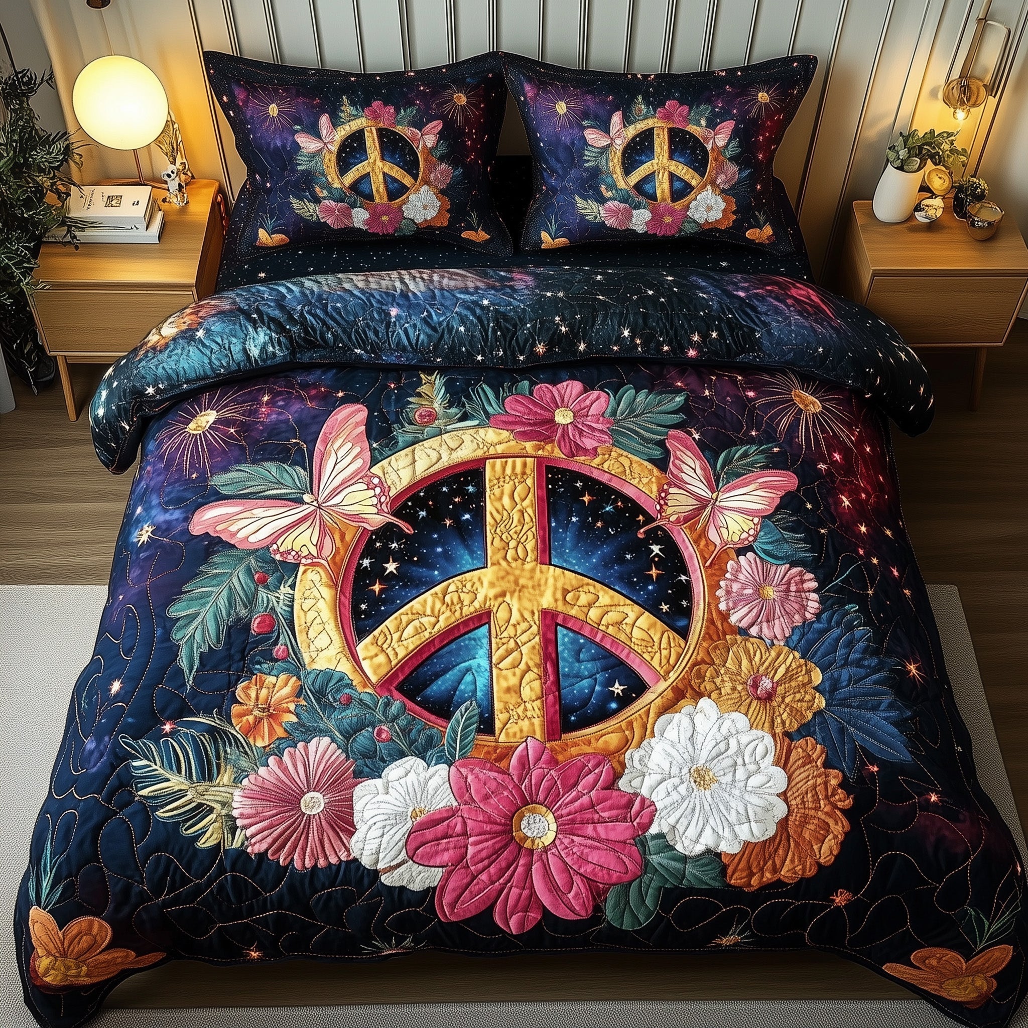 Peace Sign Quilted Bedding Set Duvet Cover Bedspread Gifts For Old Hippies