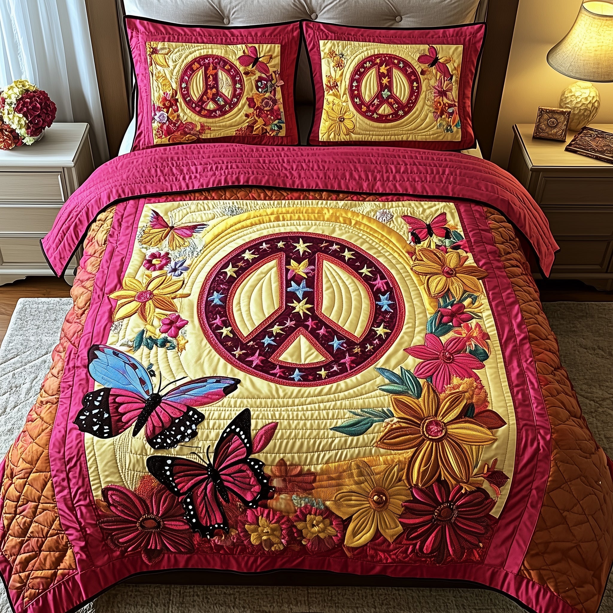 Peace Sign Quilted Bedding Set Home Decor Collection