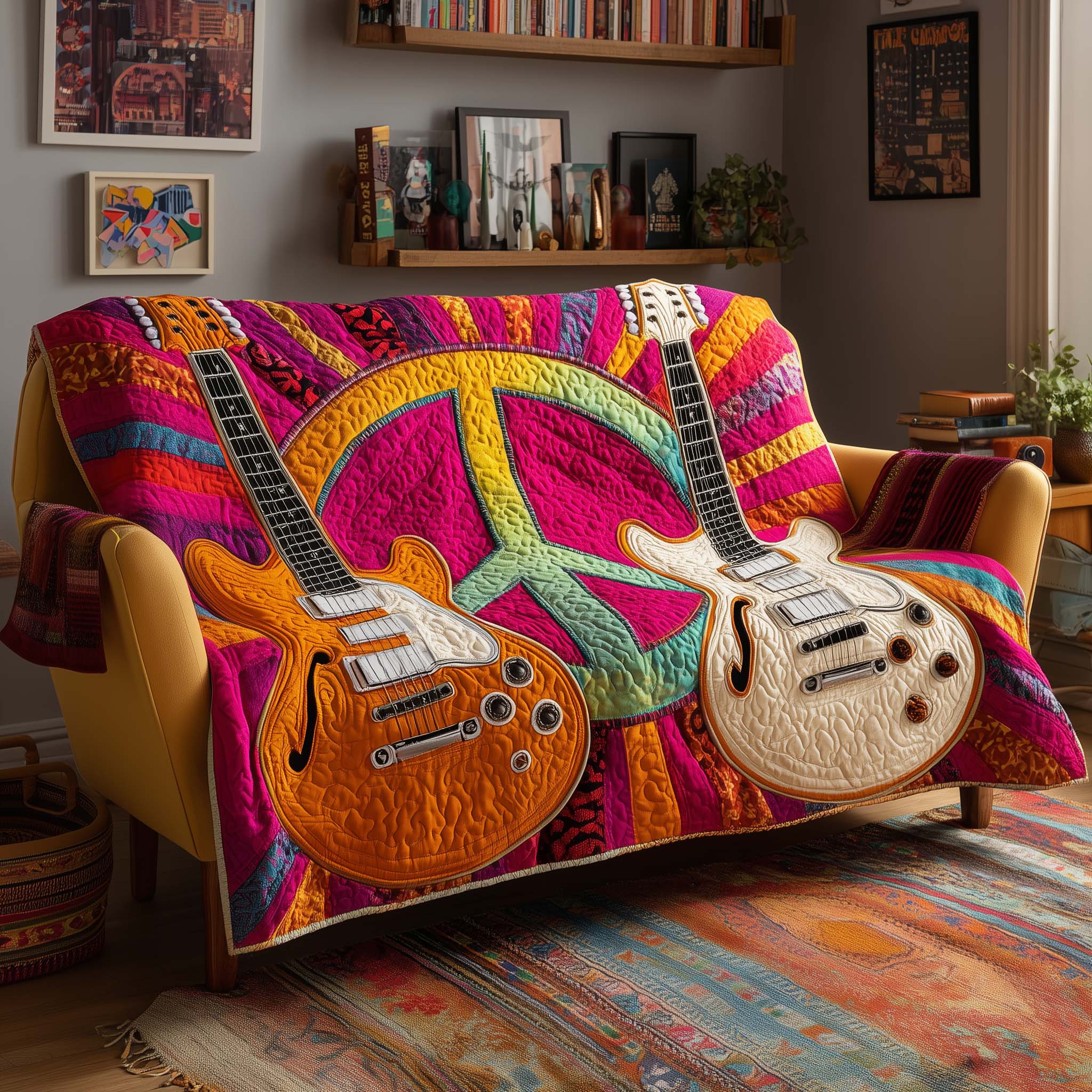 Peace Sign With Guitar Quilted Sofa Cover Meaningful Peace Sign Best Gifts For Guitar Lovers