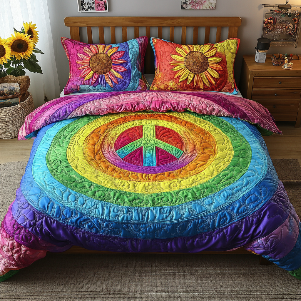 Peace Spectrum Quilted Bedding Set Bedroom Decorations Birthday Gift For Hippie Friend