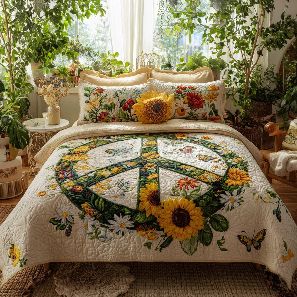 Peace Sunflower Daisy 3-Piece Quilted Bedding Set Hippie Boho Bedspread Best Gift For Her Mom