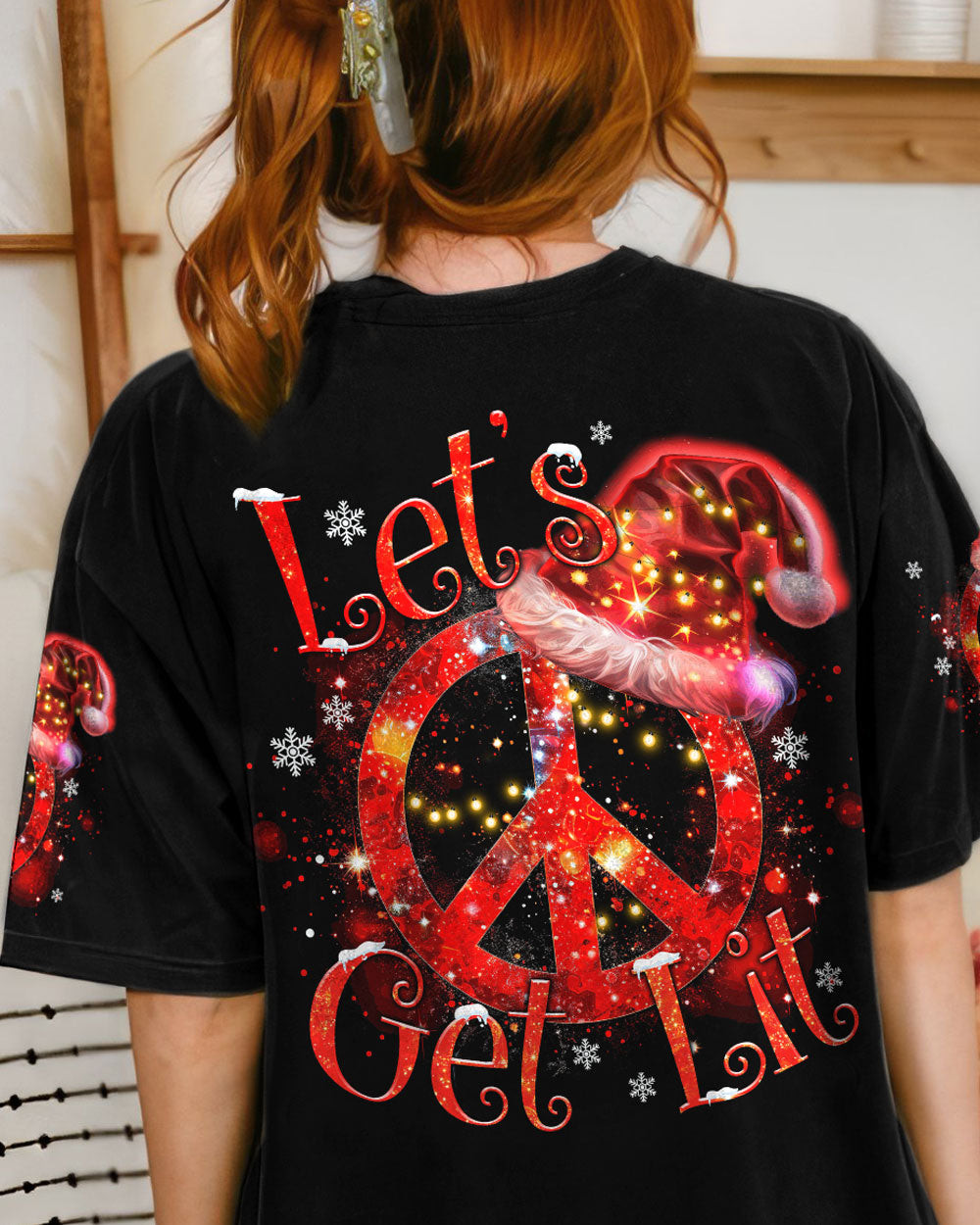 Peace Symbol Let's Get Lit Christmas T-Shirt Sparkle Xmas Clothing Gifts For Friend