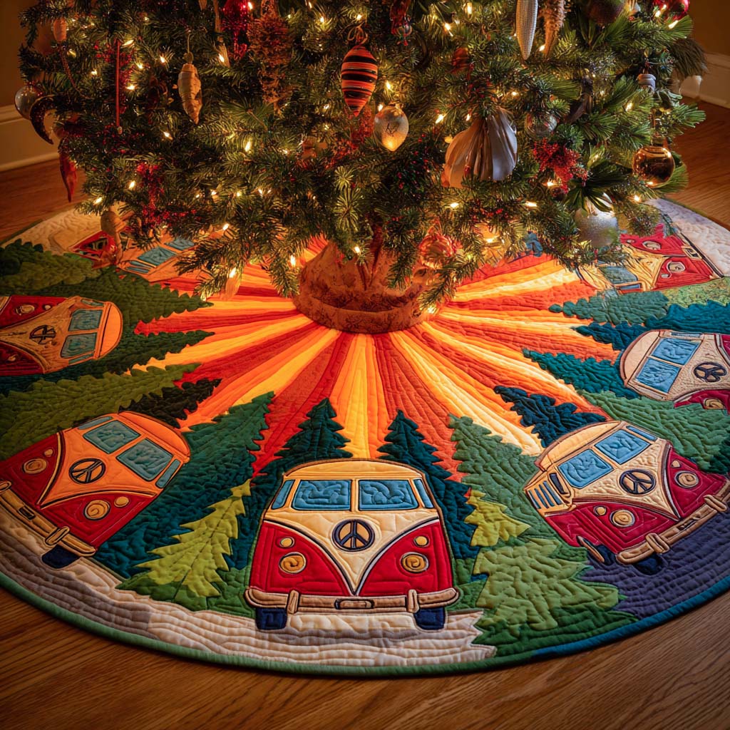 Peace Van Holiday Road Quilted Tree Skirt Xmas Tree Decor Best Holiday Gifts 2025