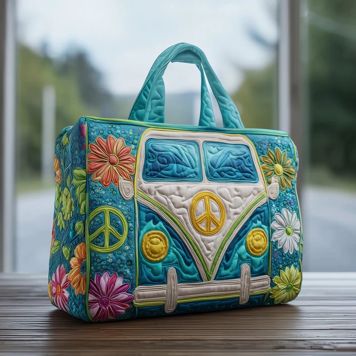 Peace Van Quilted Bag Boho Hippie Floral Tote Bag Retro Best Gift For Hippie Women
