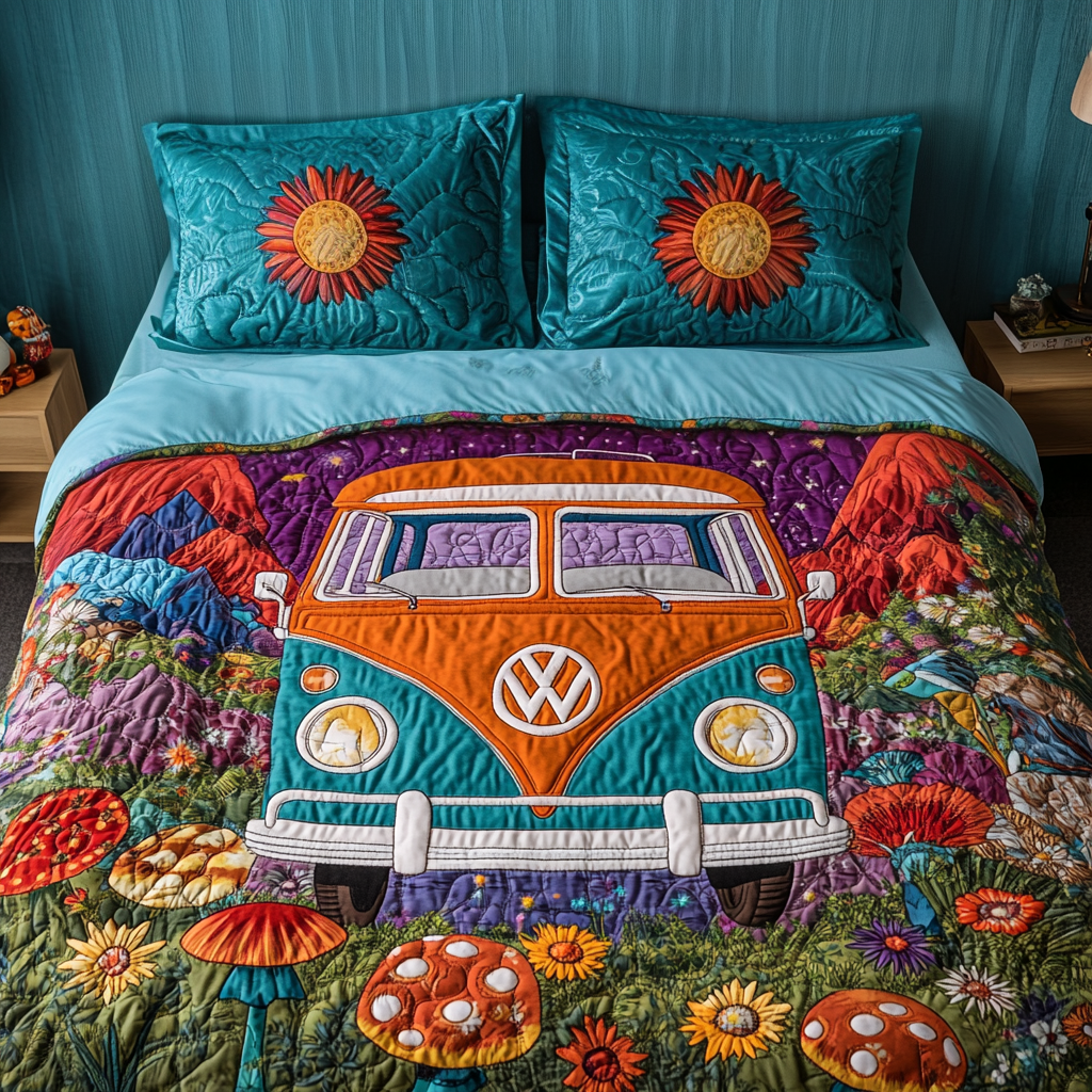 Peace Van Quilted Bedding Set Bed Decor Hippie Dad Gifts