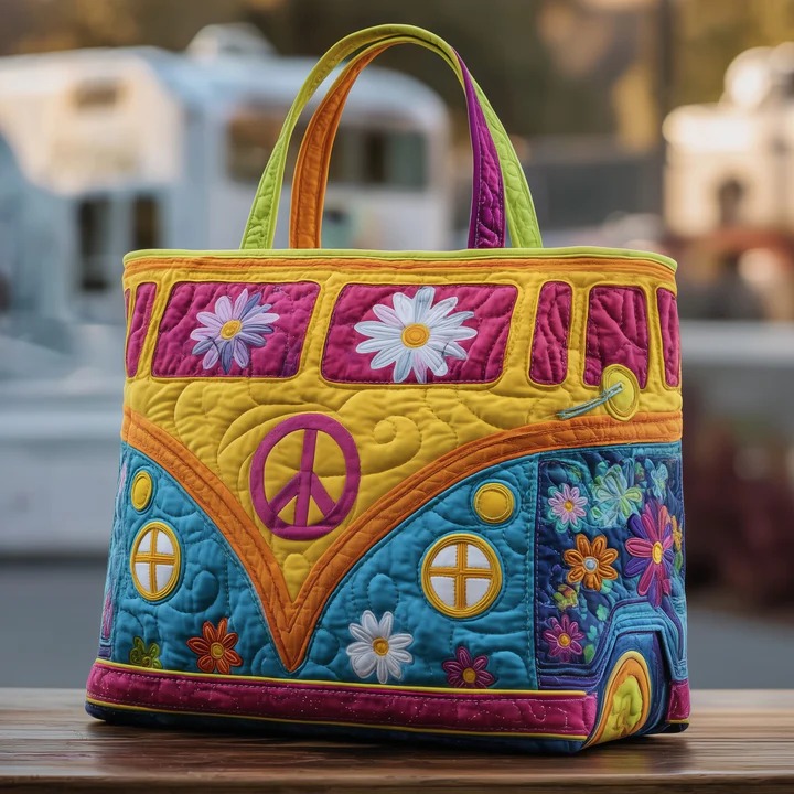 Peace Van Quilted Tote Bag Hippie Flower Power Bag Retro Gift For Boho Women