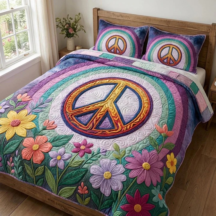 Peace Vibes Quilted Bedding Set Groovy Boho Bedroom Decor Cozy Home Gift For Retro Lovers