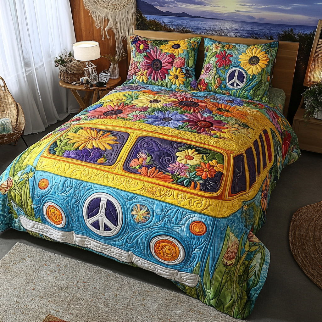 Peace Wagon Quilted Bedding Set Bed Decorations Unique Gifts For Hippies