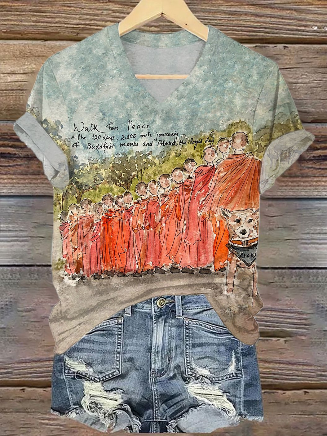 Peace Walking Monks With Aloka Dog Watercolor V-Neck T-Shirt Aloka The Peace Dog Merch Her Gifts