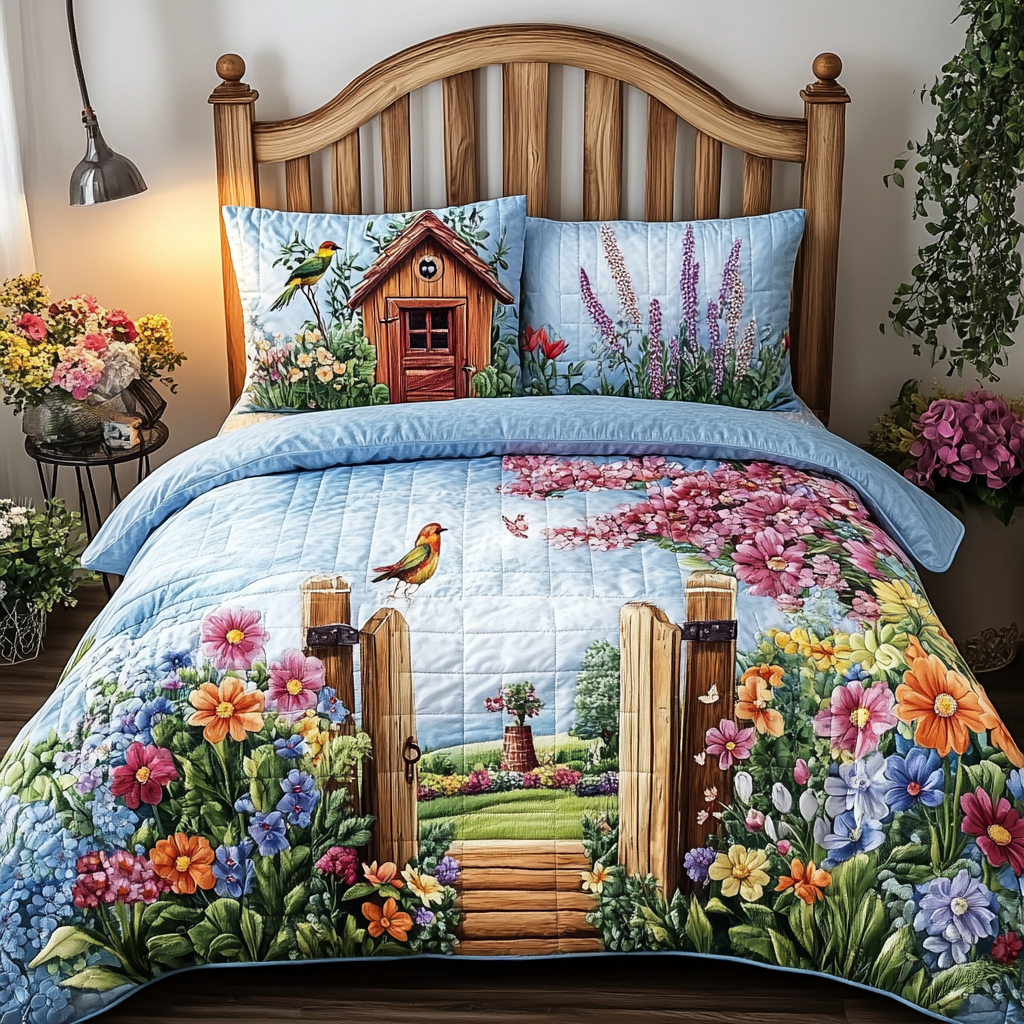 Peaceful Arch Quilted Bedding Set Bedroom Decorations Flower Arrangement Ideas