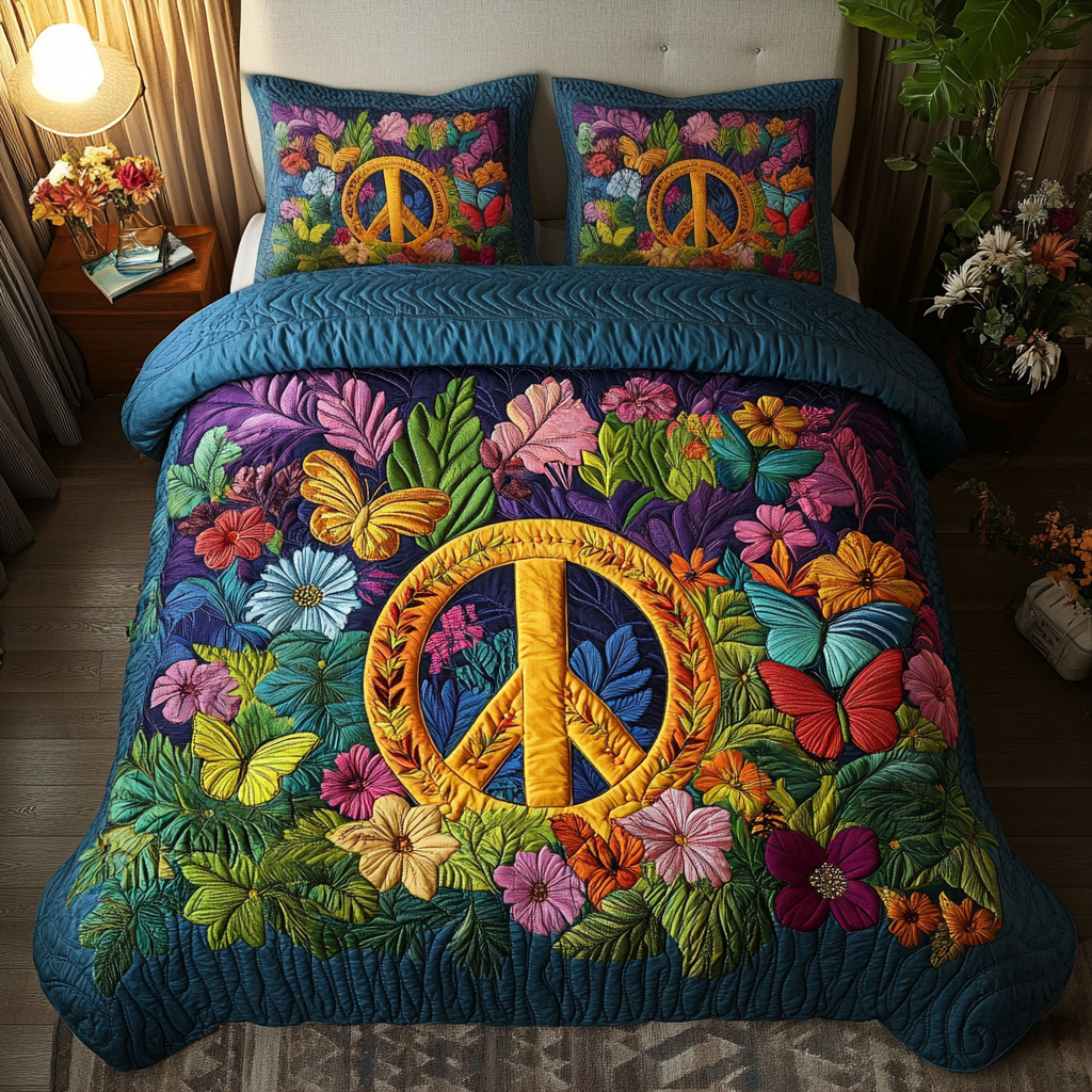Peaceful Blooms Quilted Bedding Set Best Bedspread Set Hippie Gift Ideas