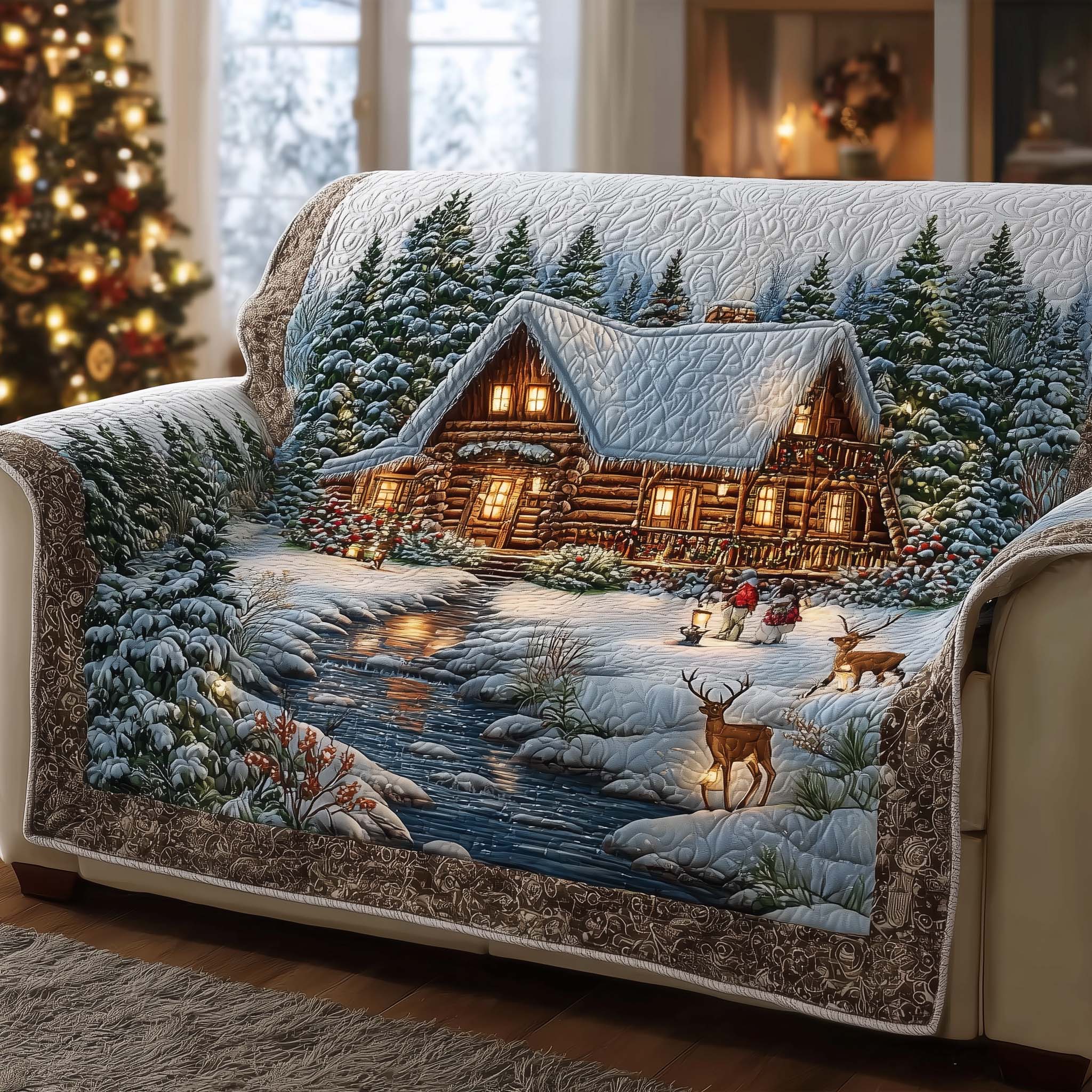 Peaceful Cabin Quilted Sofa Cover Cozy Log Home in Snow Scene Warm Christmas Home Decor