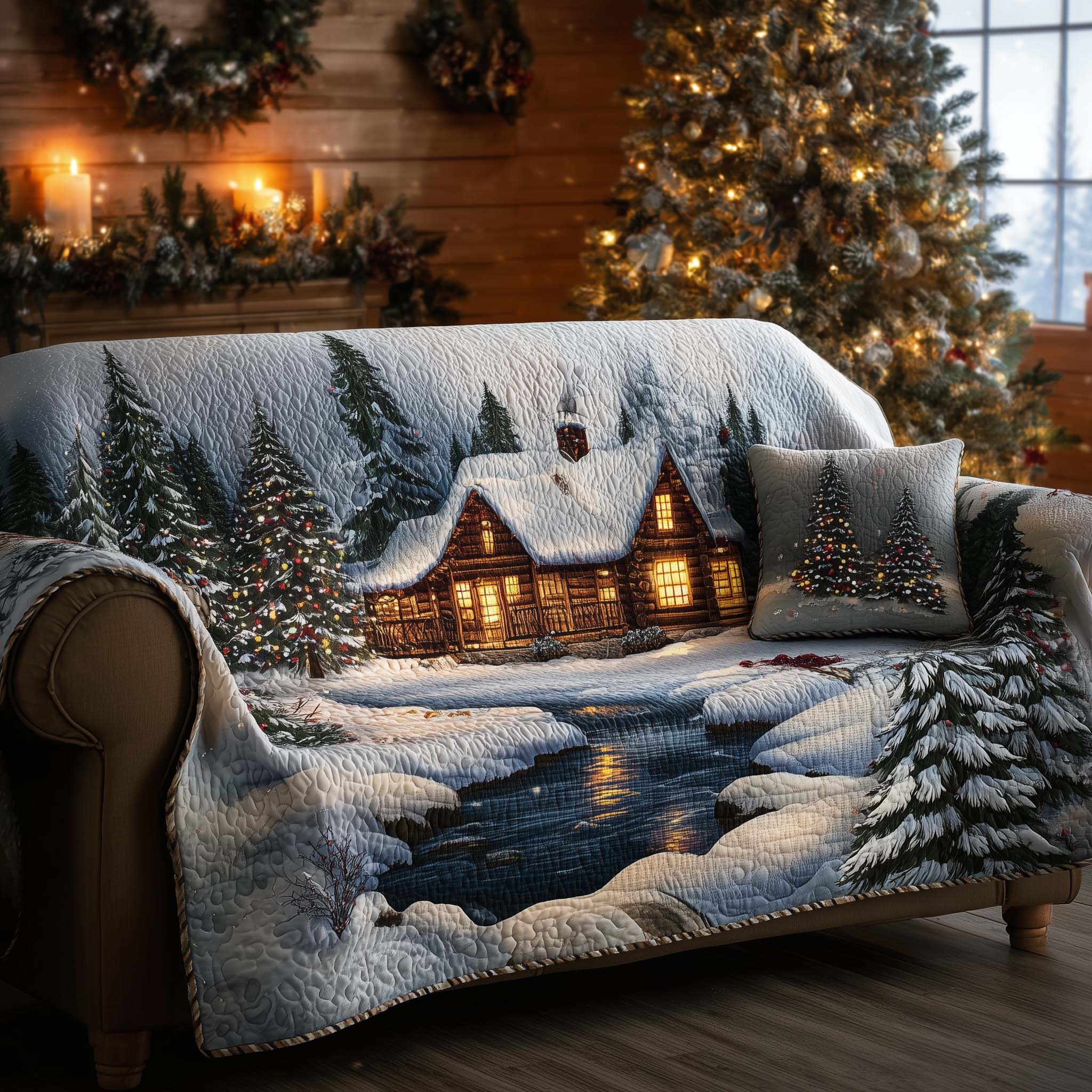 Peaceful Cabin Quilted Sofa Cover Snowy Cabin Christmas Accent Warm Christmas Home Decor