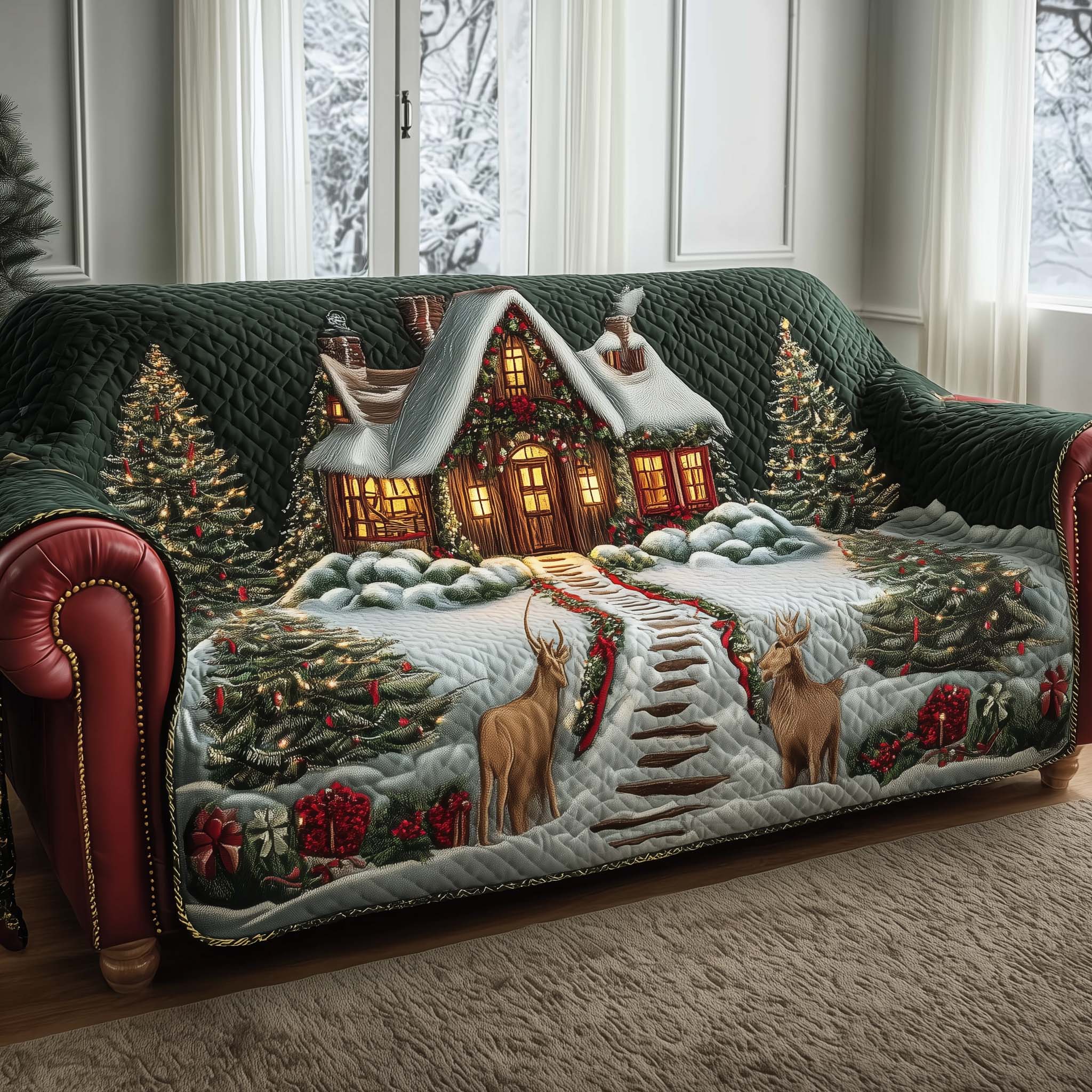 Peaceful Cabin Quilted Sofa Cover Winter Wood Cabin Protector Warm Christmas Home Decor