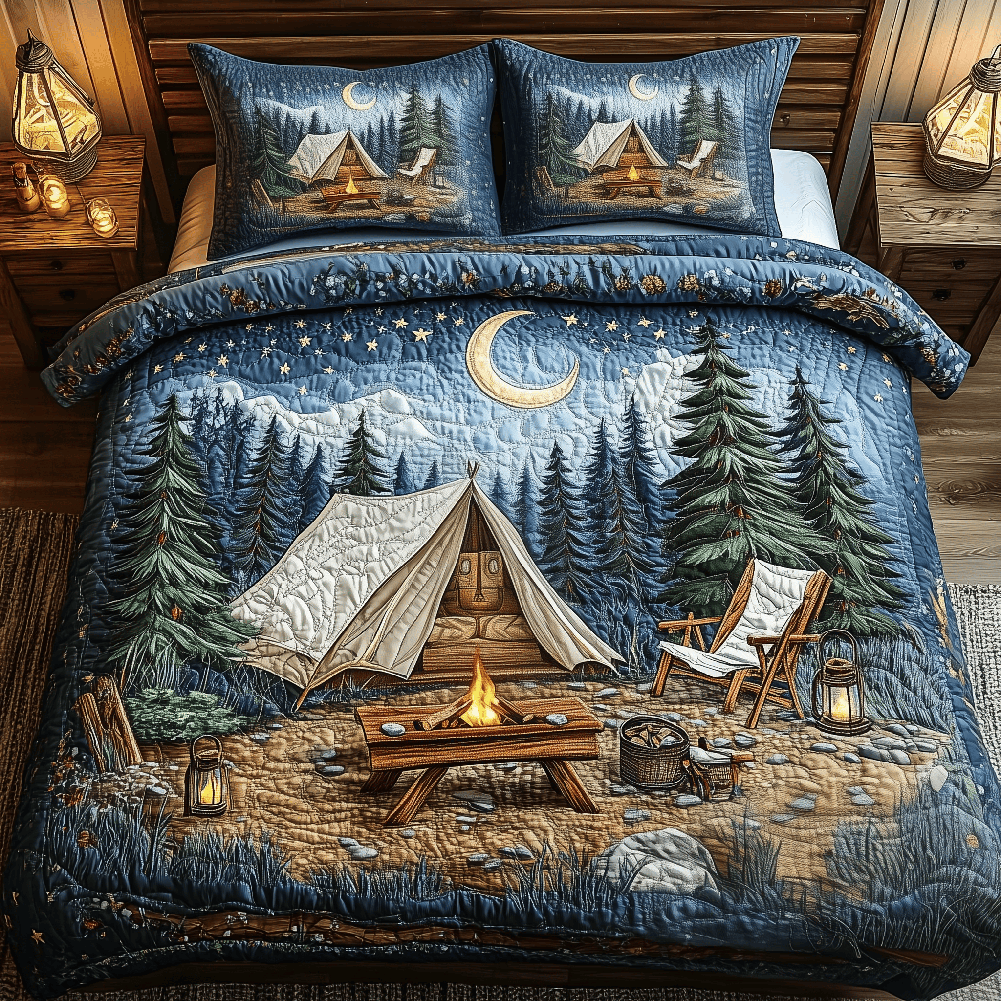 Peaceful Camping Quilted Bedding Set Camping Themed Pillow Covers