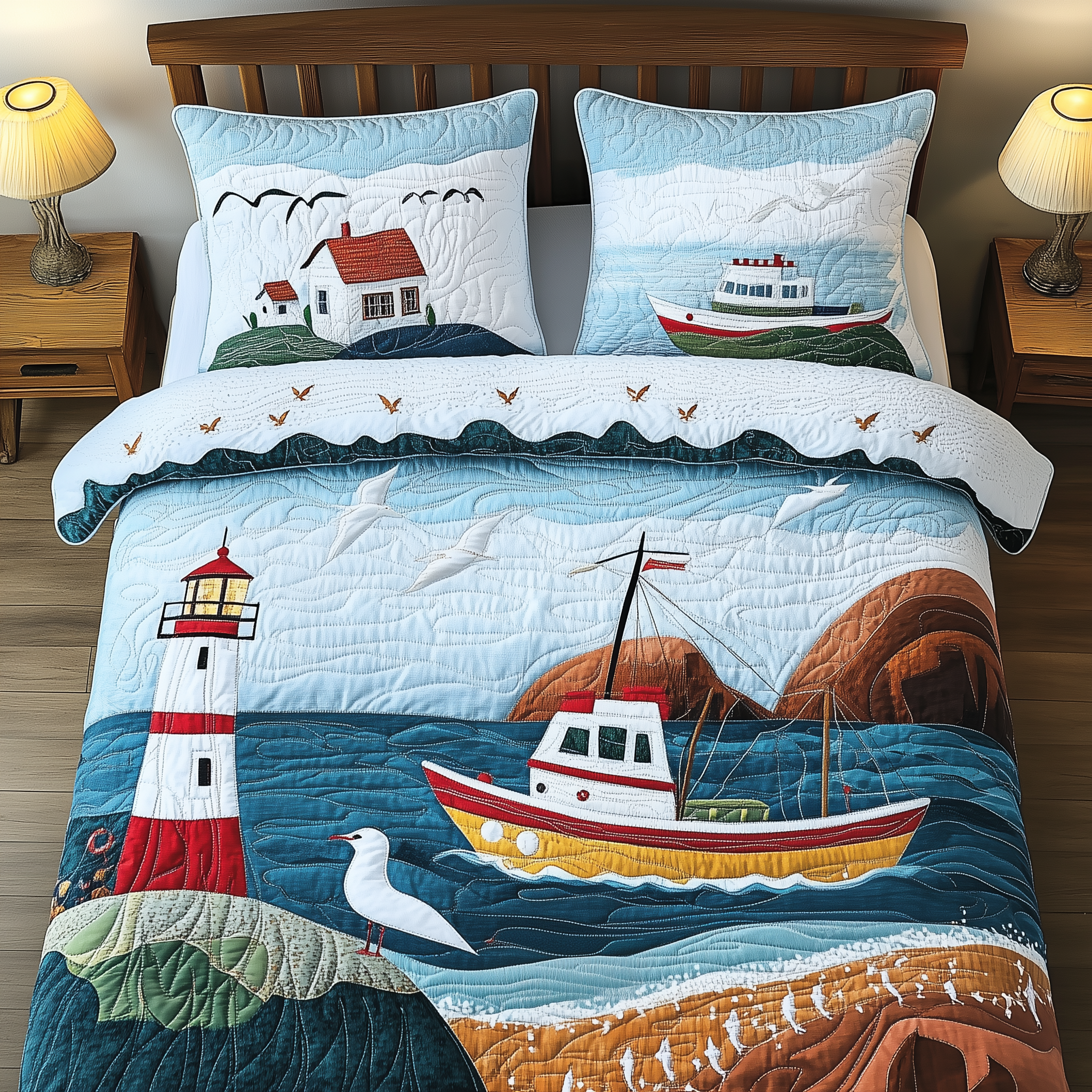 Peaceful Coastal Quilted Bedding Set Family Christmas Gifts