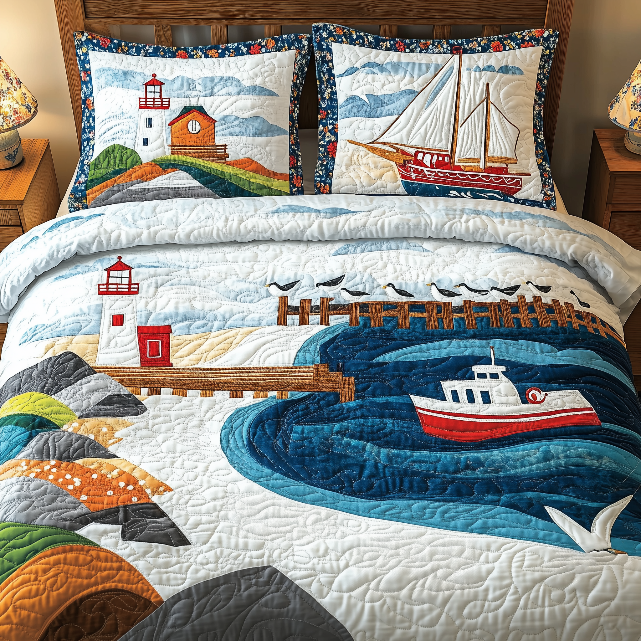 Peaceful Coastal Quilted Bedding Set Xmas Presents For Teenage Guys