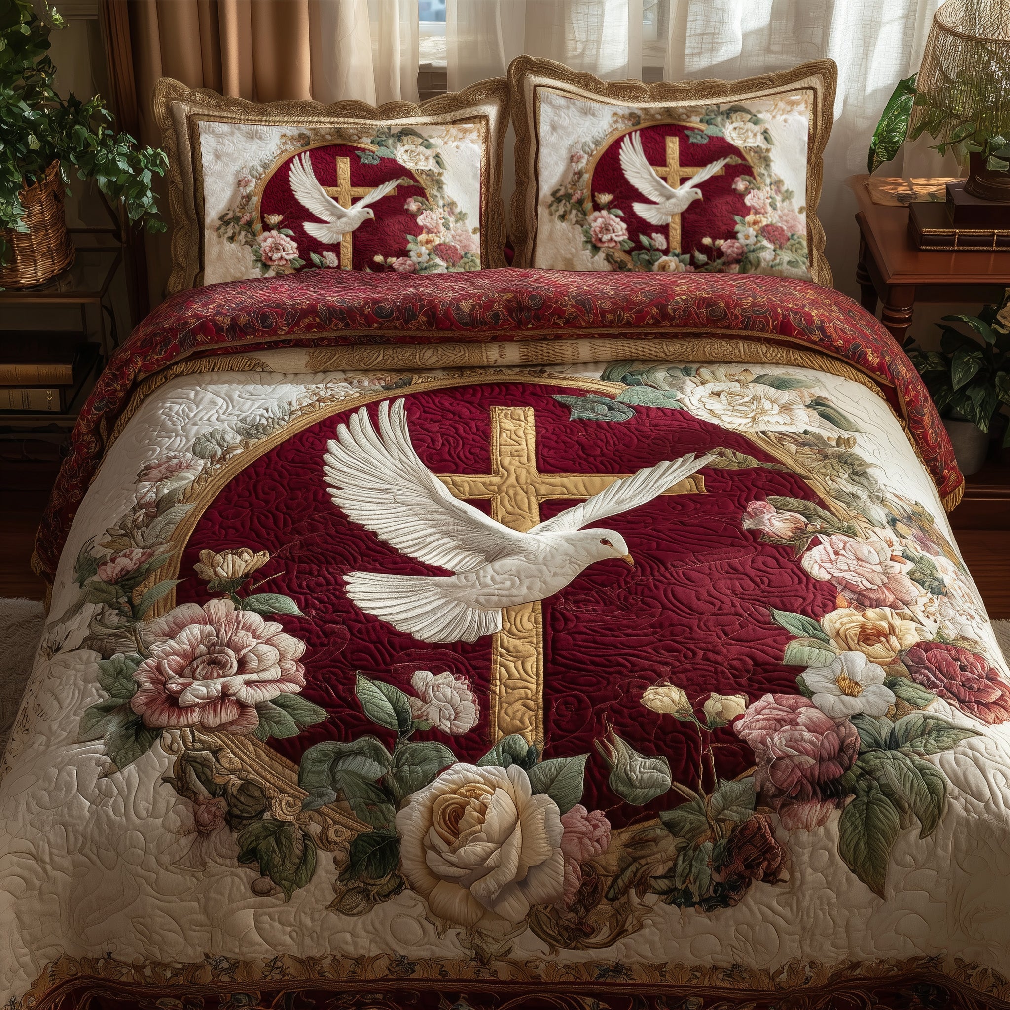 Peaceful Cross Quilted Bedding Set Cozy Bedroom