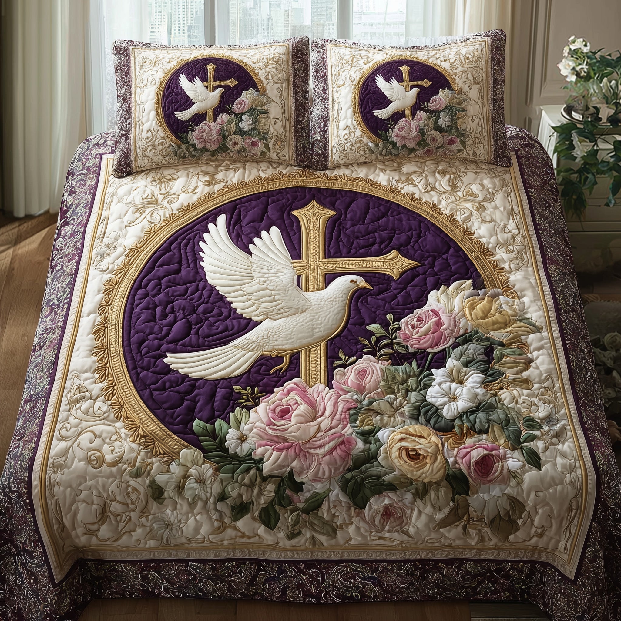 Peaceful Cross Quilted Bedding Set Duvet Cover Bedspread Bible Gift Of Faith